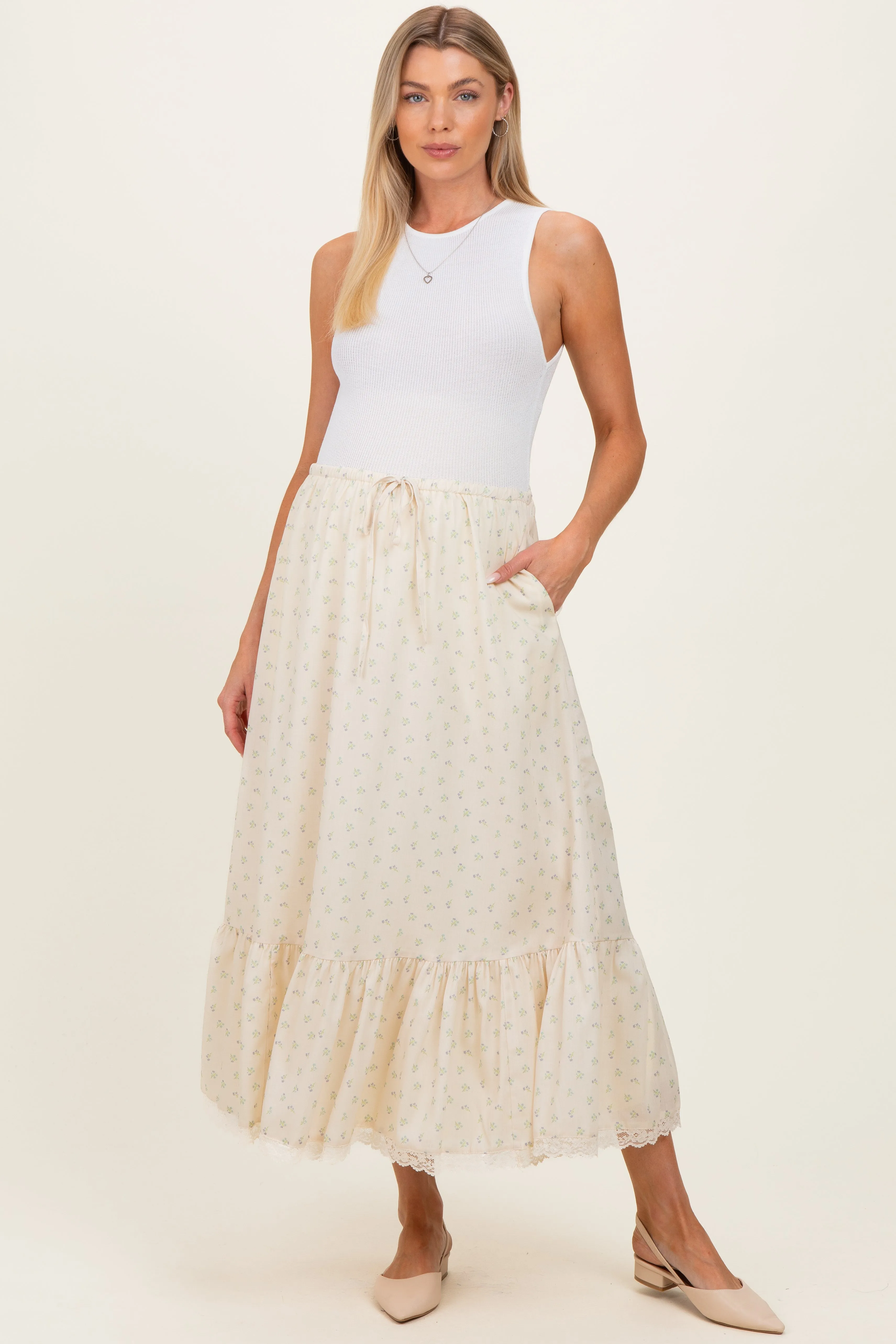 Light Yellow Print Lace Trim Maternity Midi Skirt sold by Pinkblush