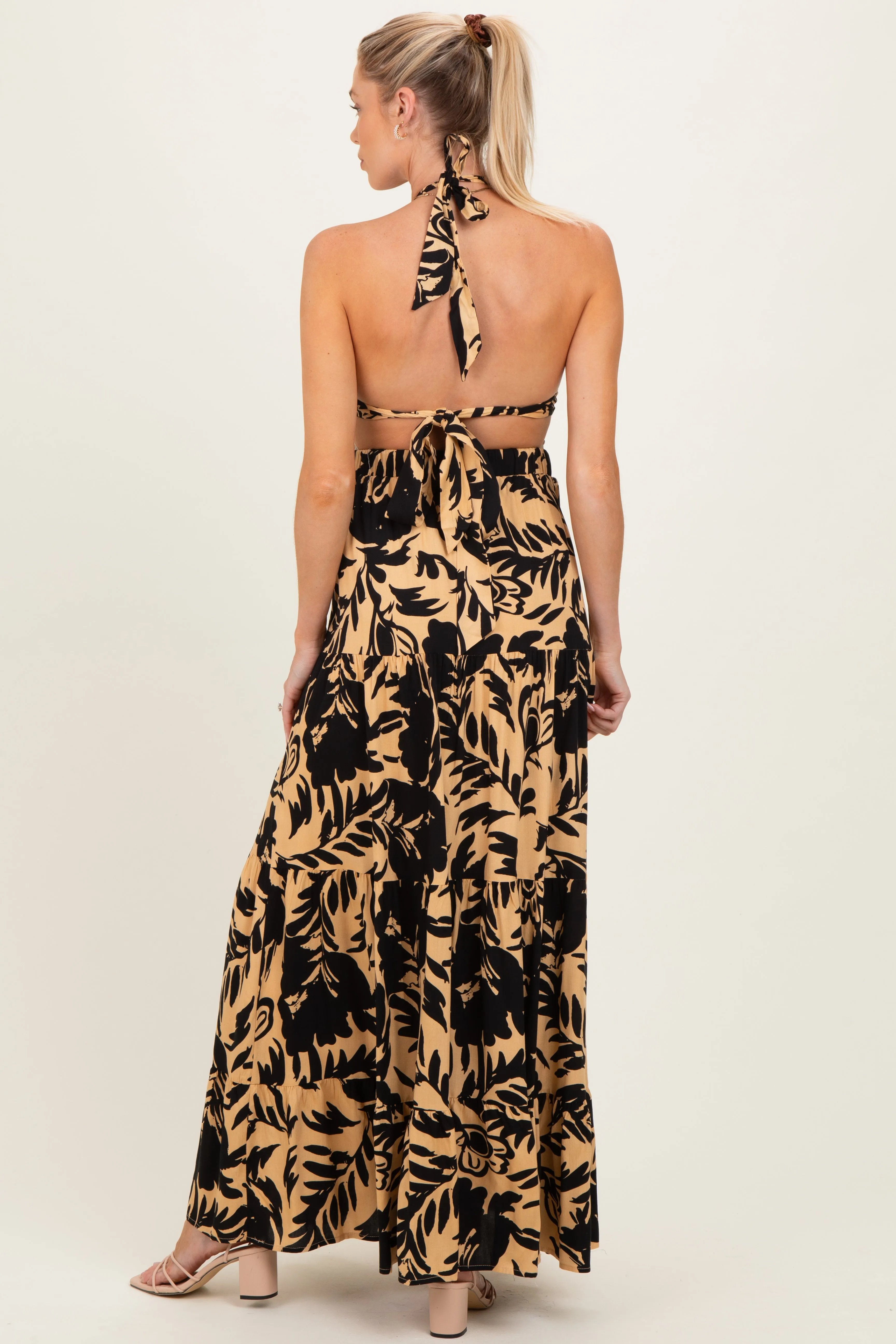 Black Floral Halter Cutout Open Back Maternity Maxi Dresses sold by Pinkblush product image thumbnail 3