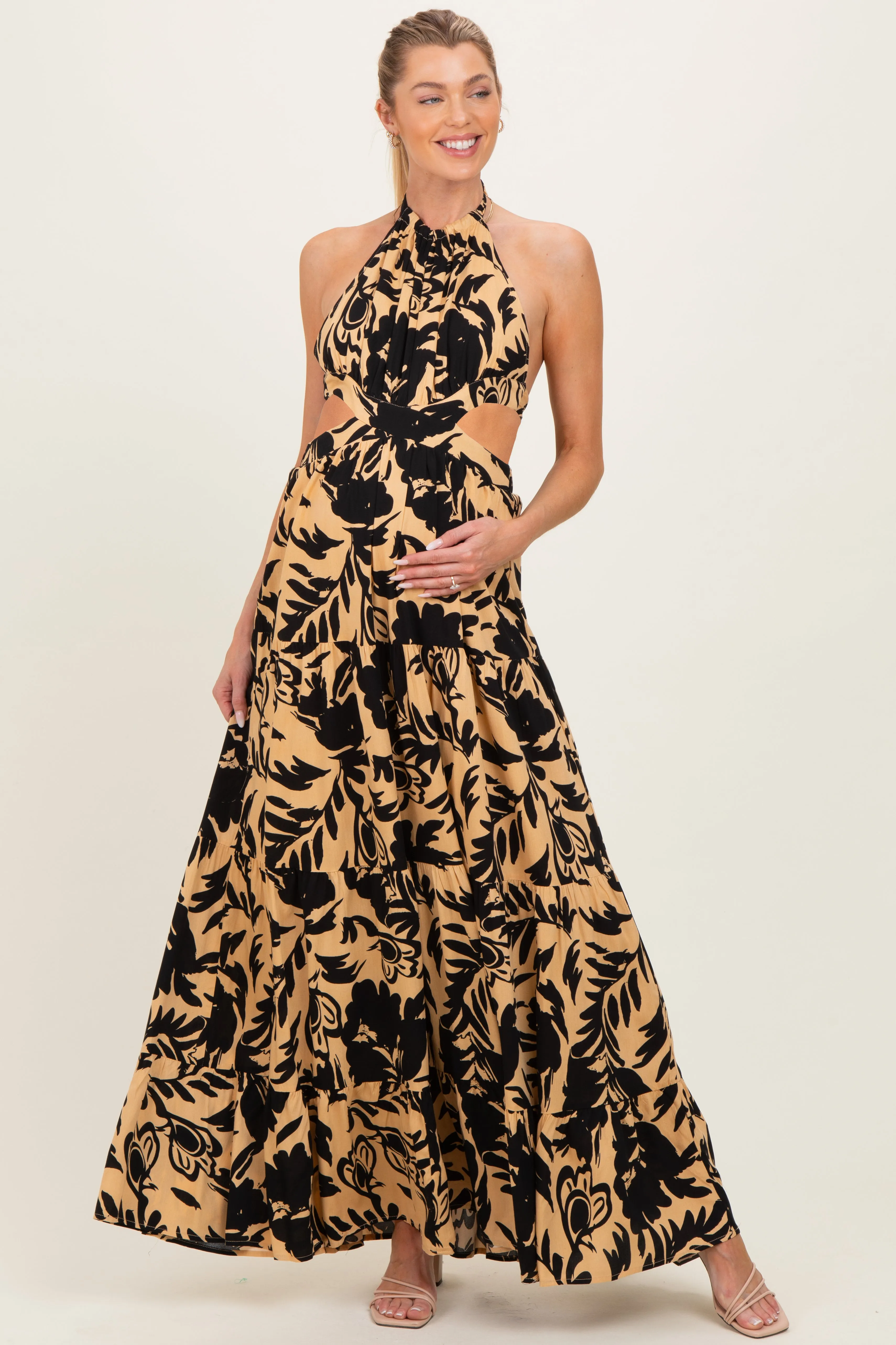 Black Floral Halter Cutout Open Back Maternity Maxi Dresses sold by Pinkblush