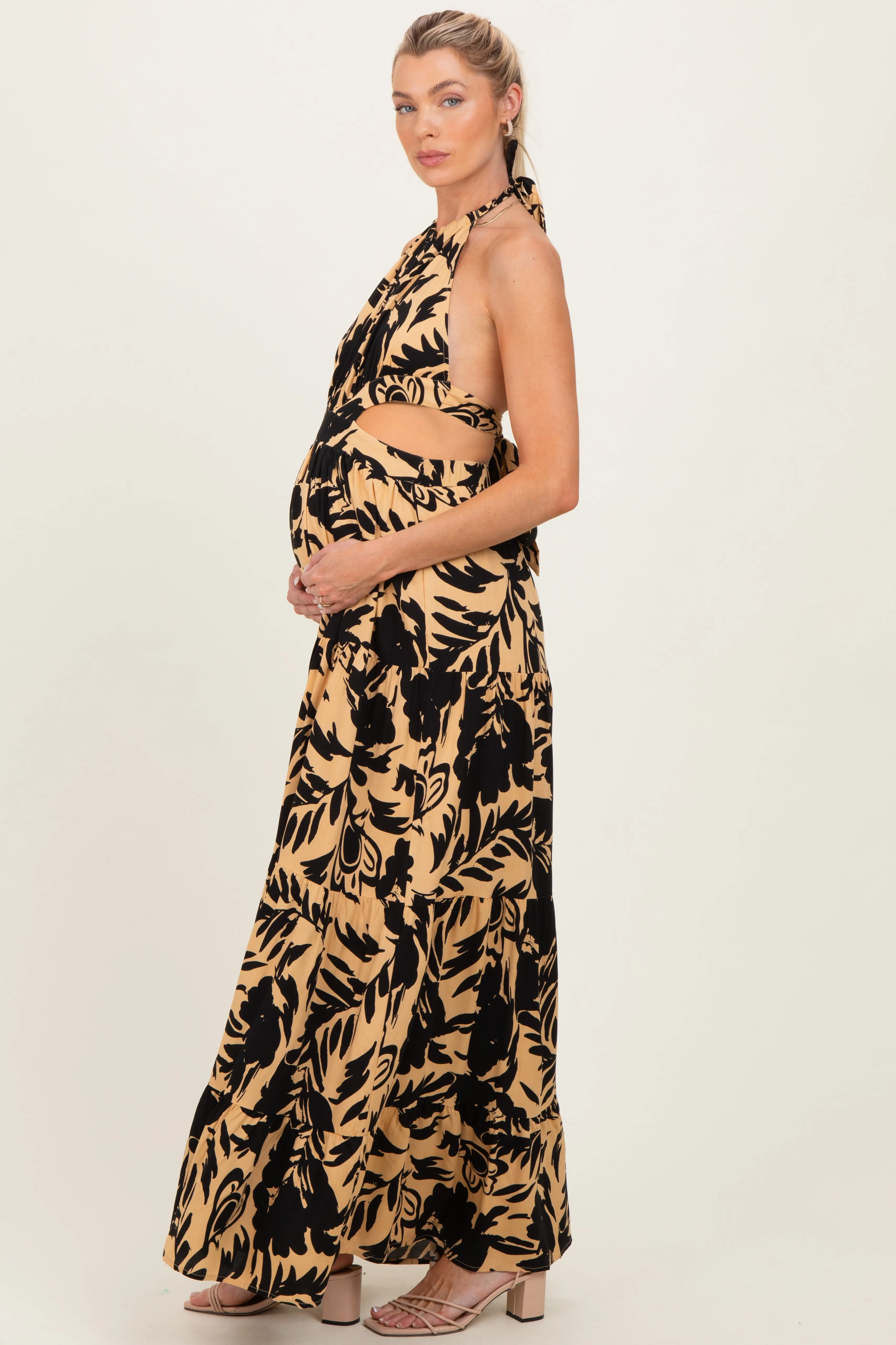 Black Floral Halter Cutout Open Back Maternity Maxi Dresses sold by Pinkblush product image thumbnail 2