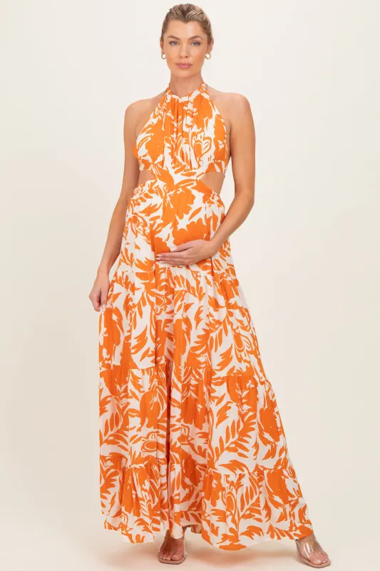 Tangerine Floral Halter Cutout Open Back Maternity Maxi Dresses made by Pinkblush