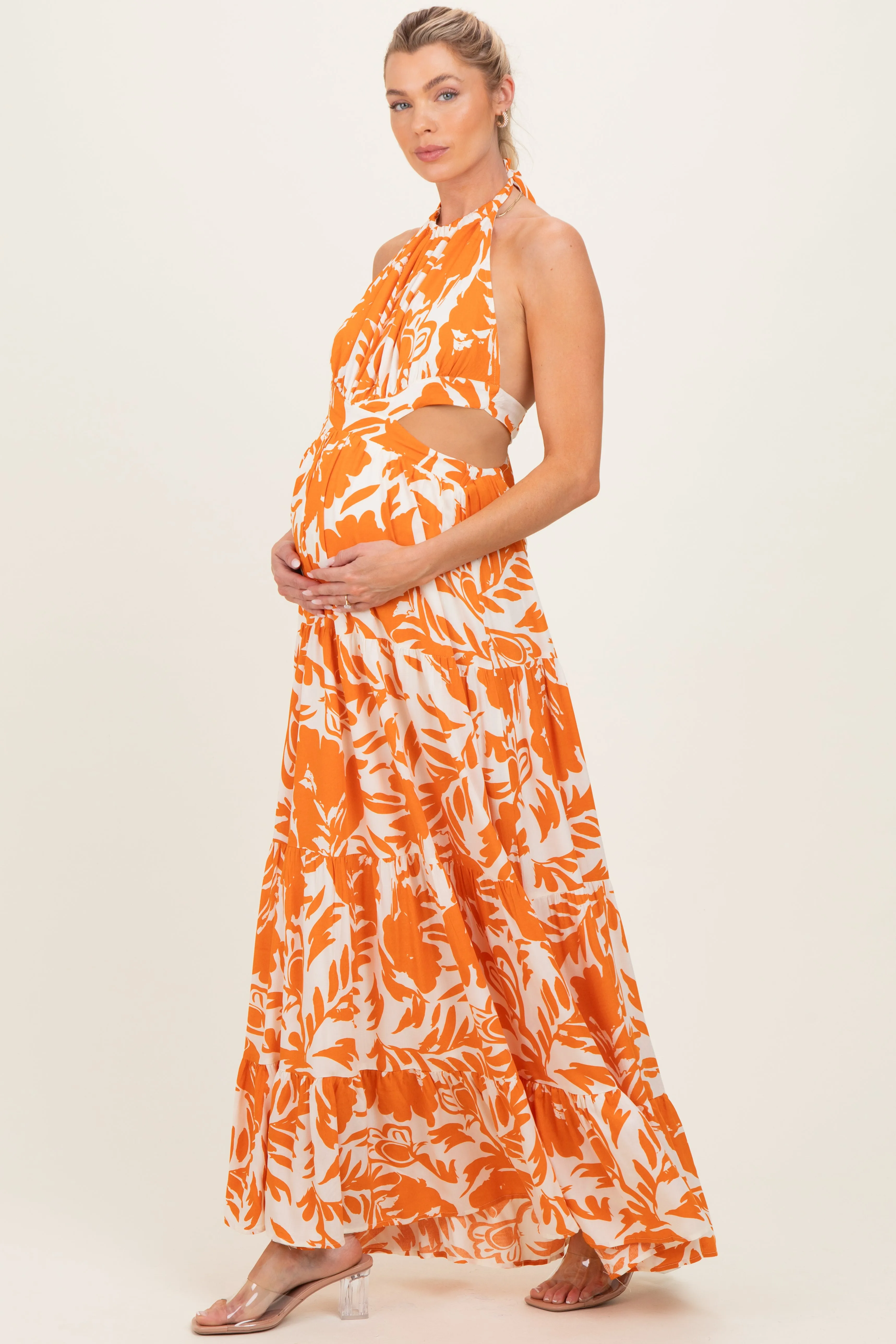Tangerine Floral Halter Cutout Open Back Maternity Maxi Dresses sold by Pinkblush product image thumbnail 2