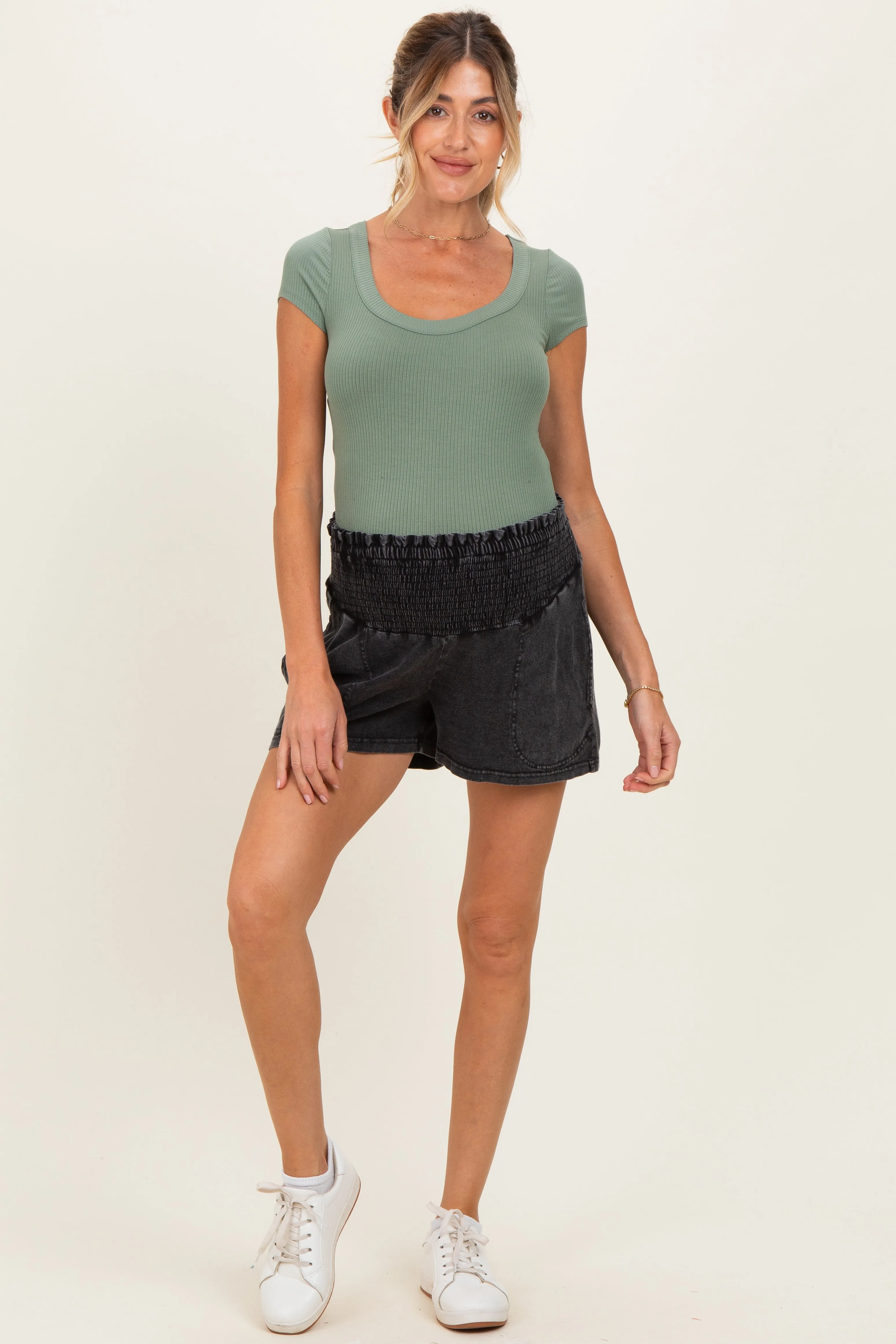 Black Smocked Waist Mineral Wash Maternity Shorts sold by Pinkblush