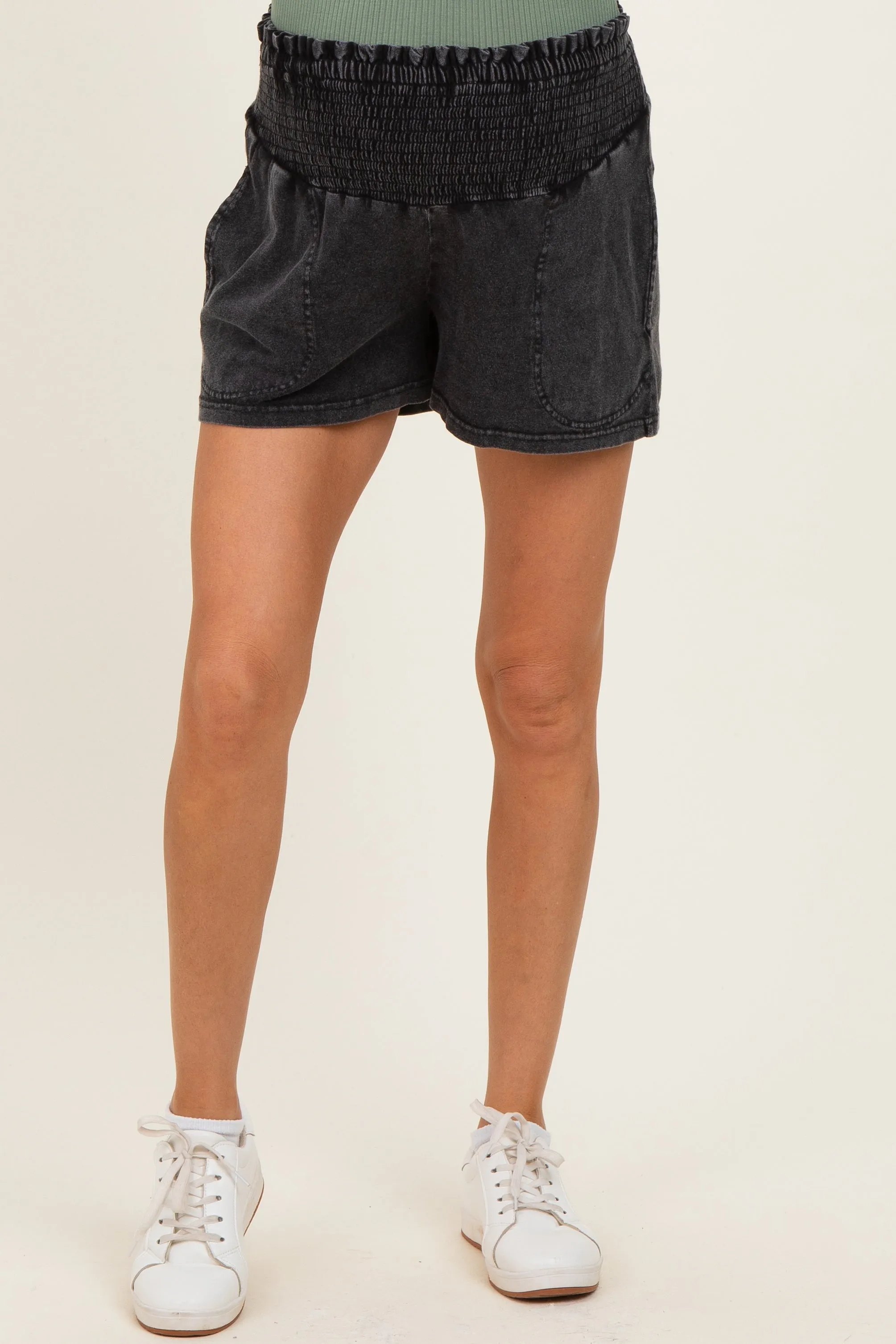 Black Smocked Waist Mineral Wash Maternity Shorts sold by Pinkblush product image thumbnail 3