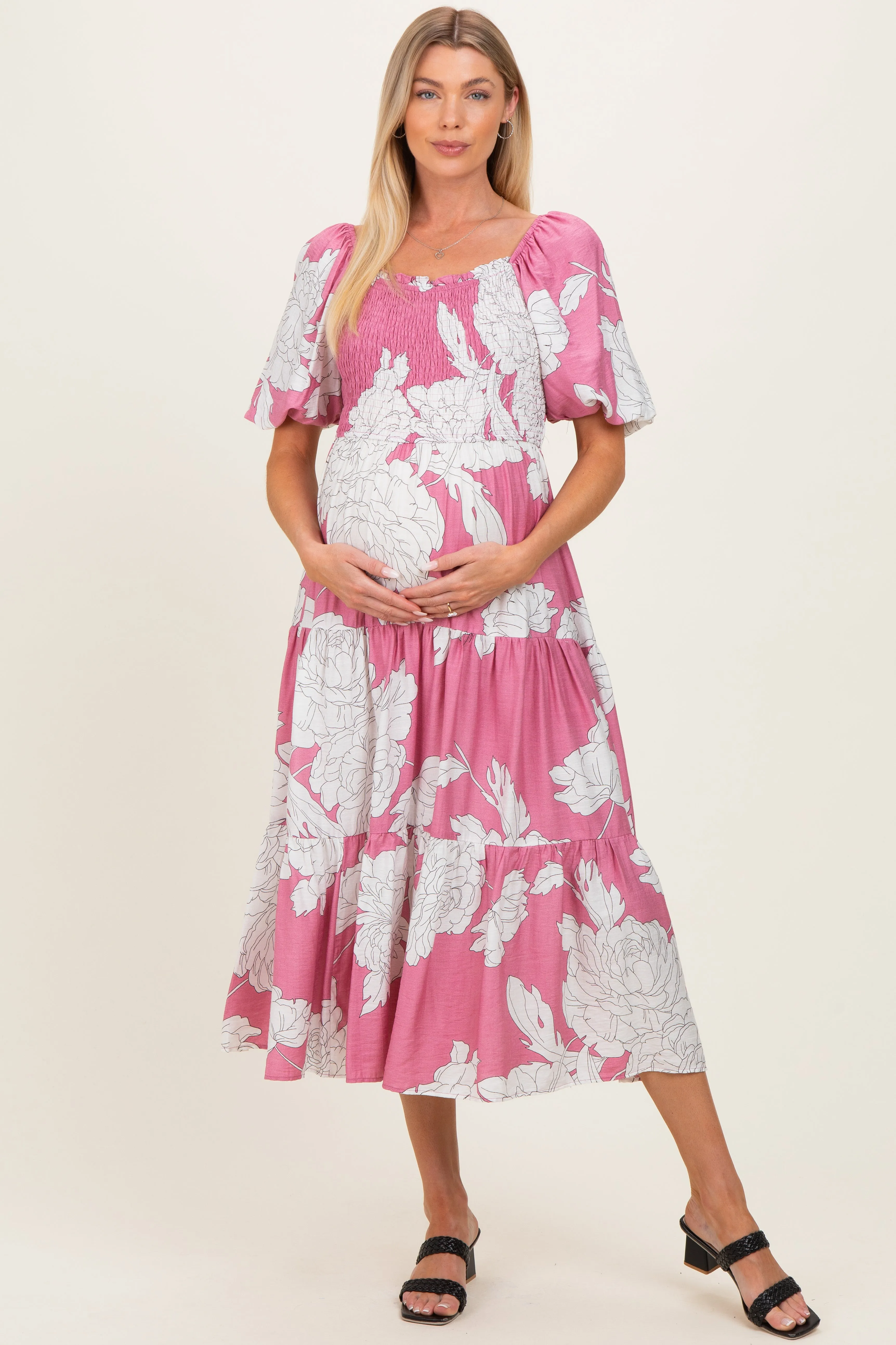 Pink Floral Cutout Tie Back Maternity Midi Dress sold by Pinkblush product image thumbnail 2