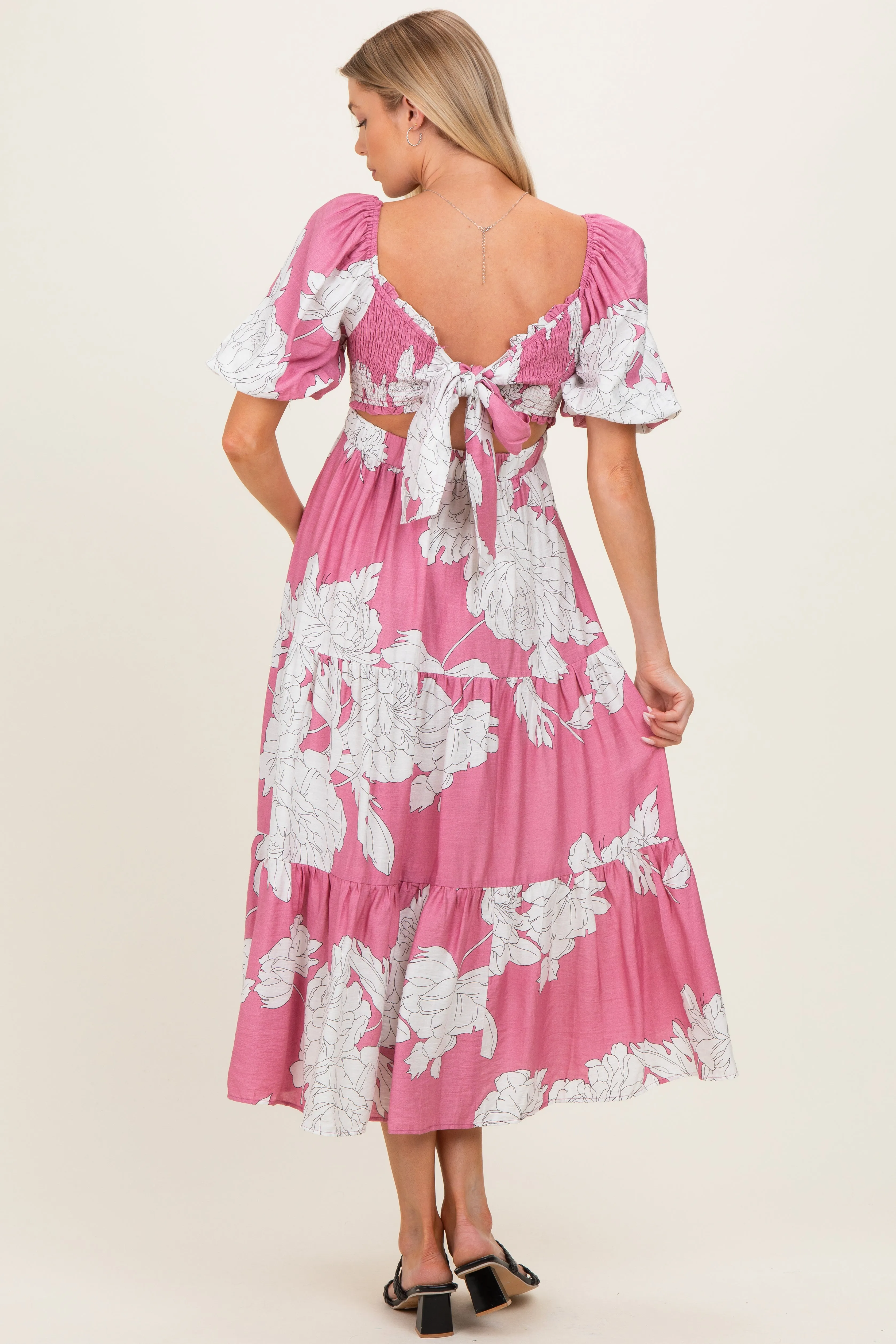 Pink Floral Cutout Tie Back Maternity Midi Dress sold by Pinkblush product image thumbnail 3