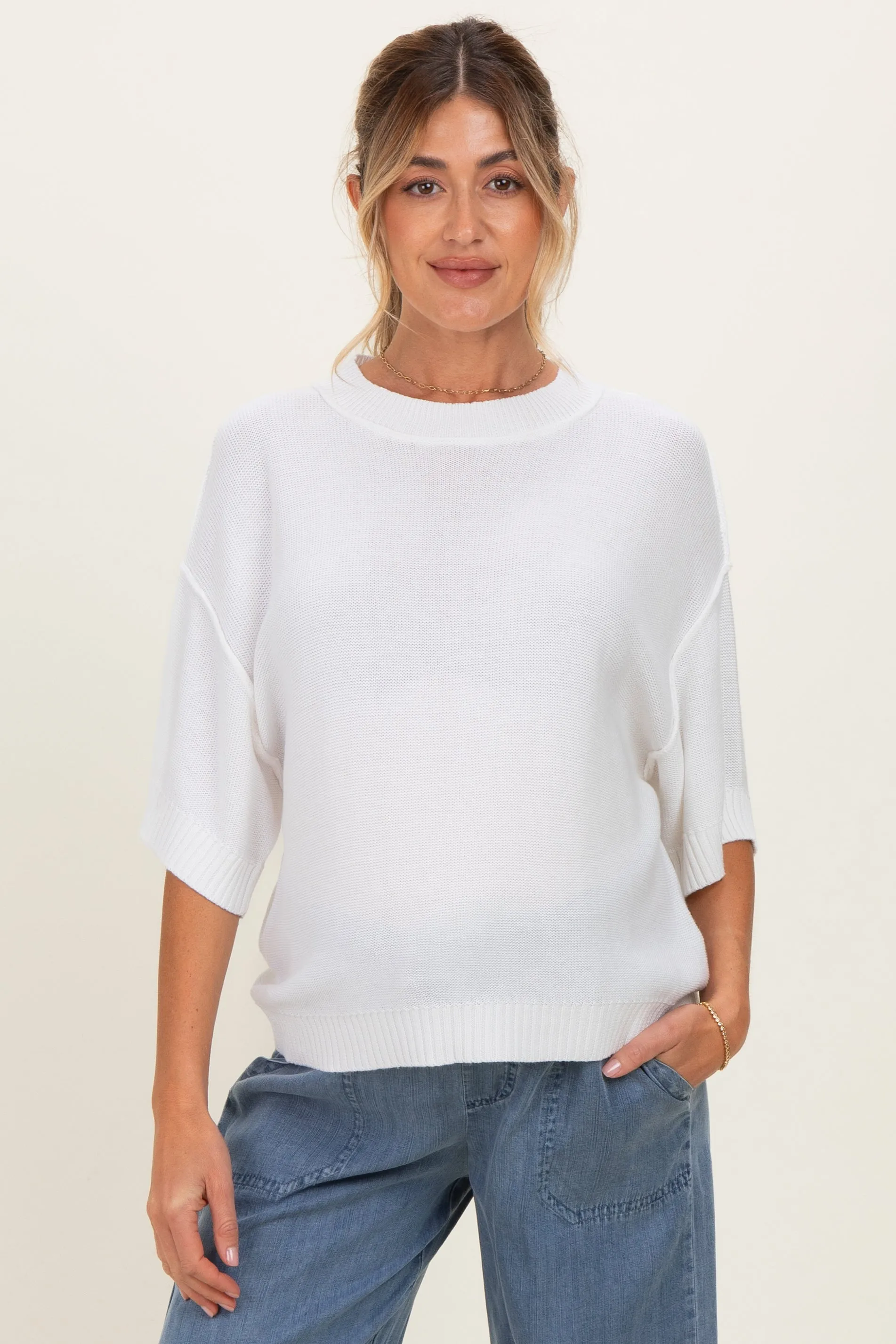 White Oversize Cut Sweater Maternity Top With Raw Edge sold by Pinkblush