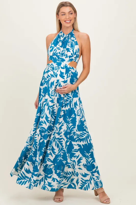 Blue Floral Halter Cutout Open Back Maternity Maxi Dresses made by Pinkblush
