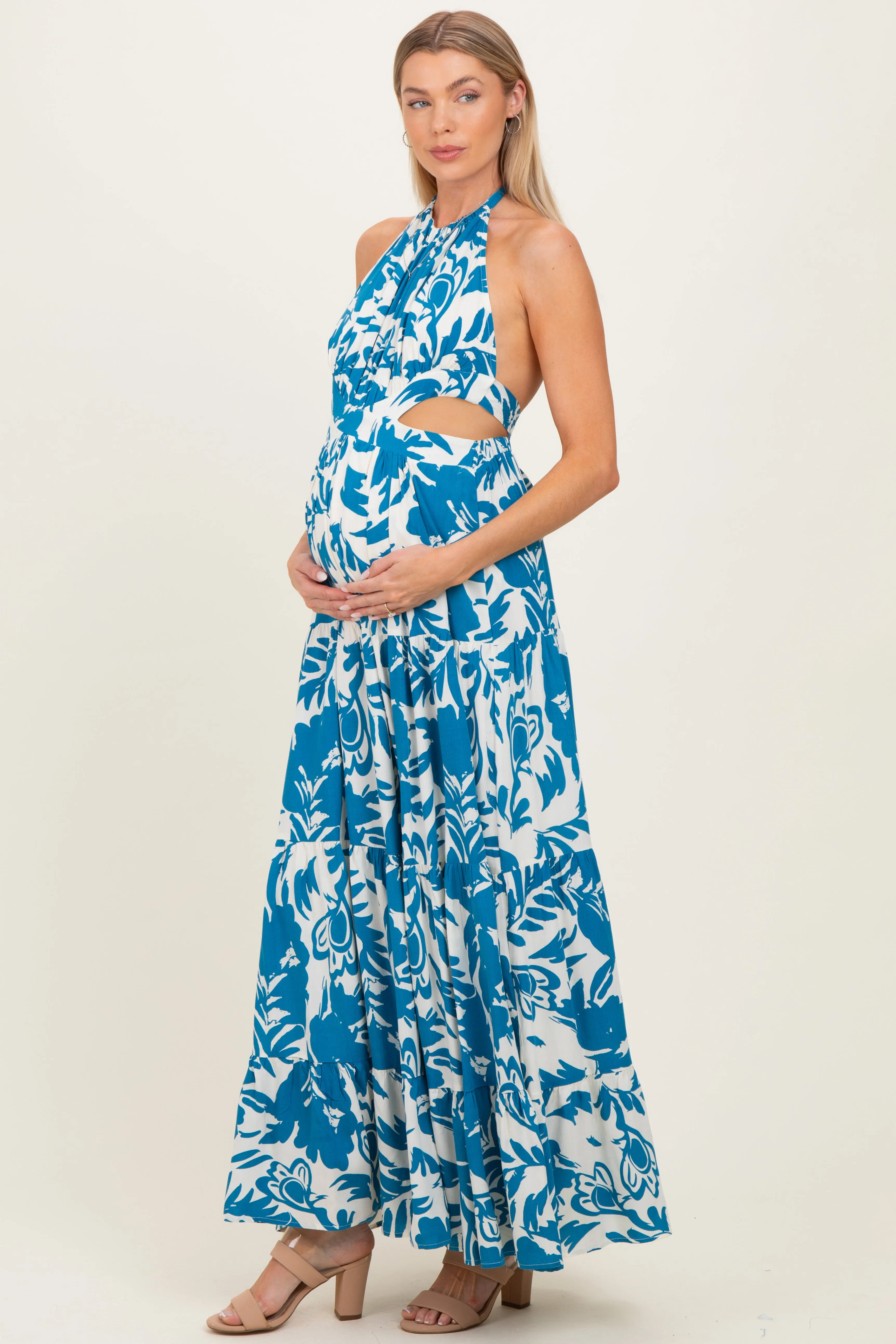 Blue Floral Halter Cutout Open Back Maternity Maxi Dresses sold by Pinkblush product image thumbnail 2