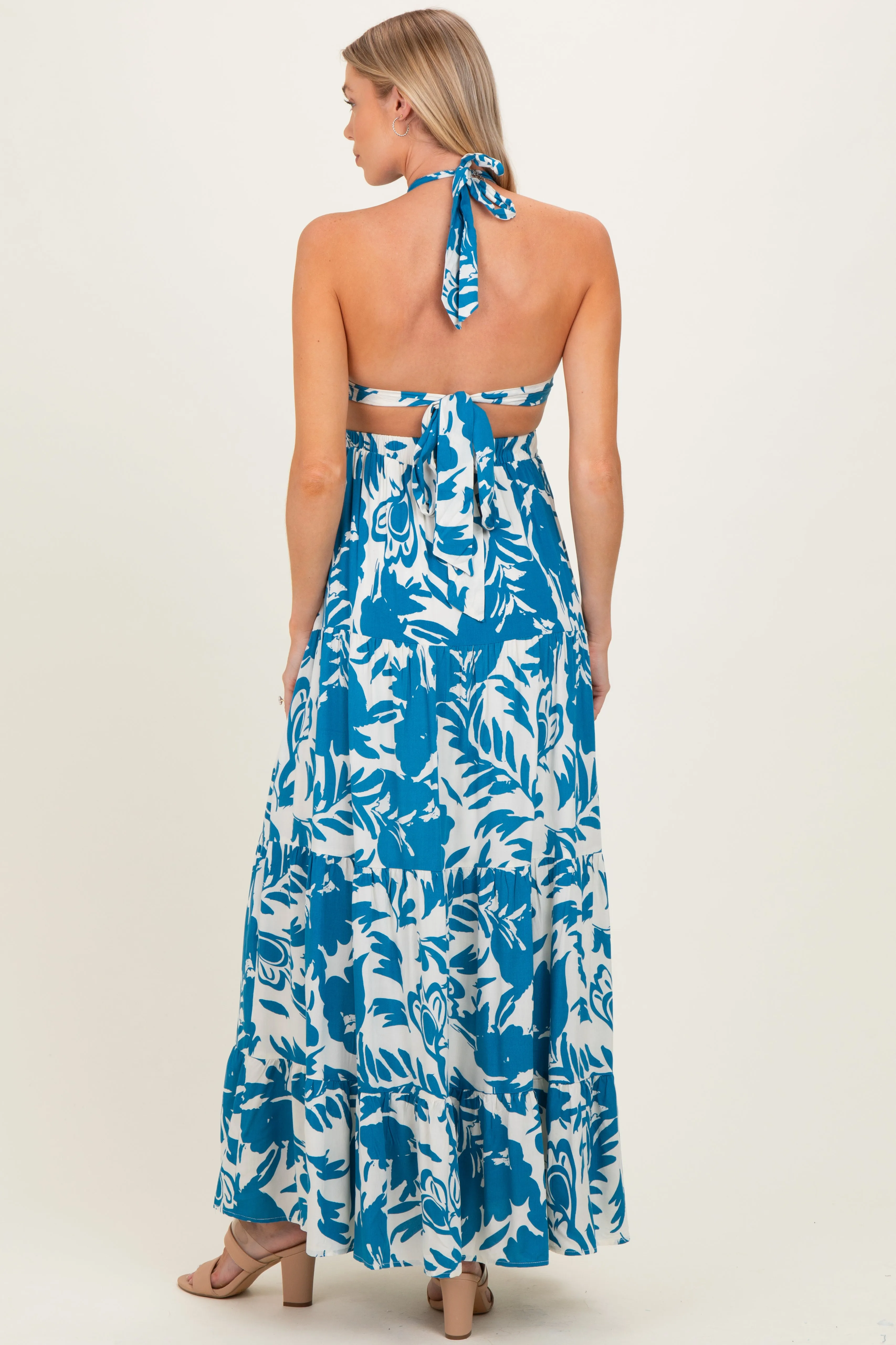 Blue Floral Halter Cutout Open Back Maternity Maxi Dresses sold by Pinkblush product image thumbnail 3