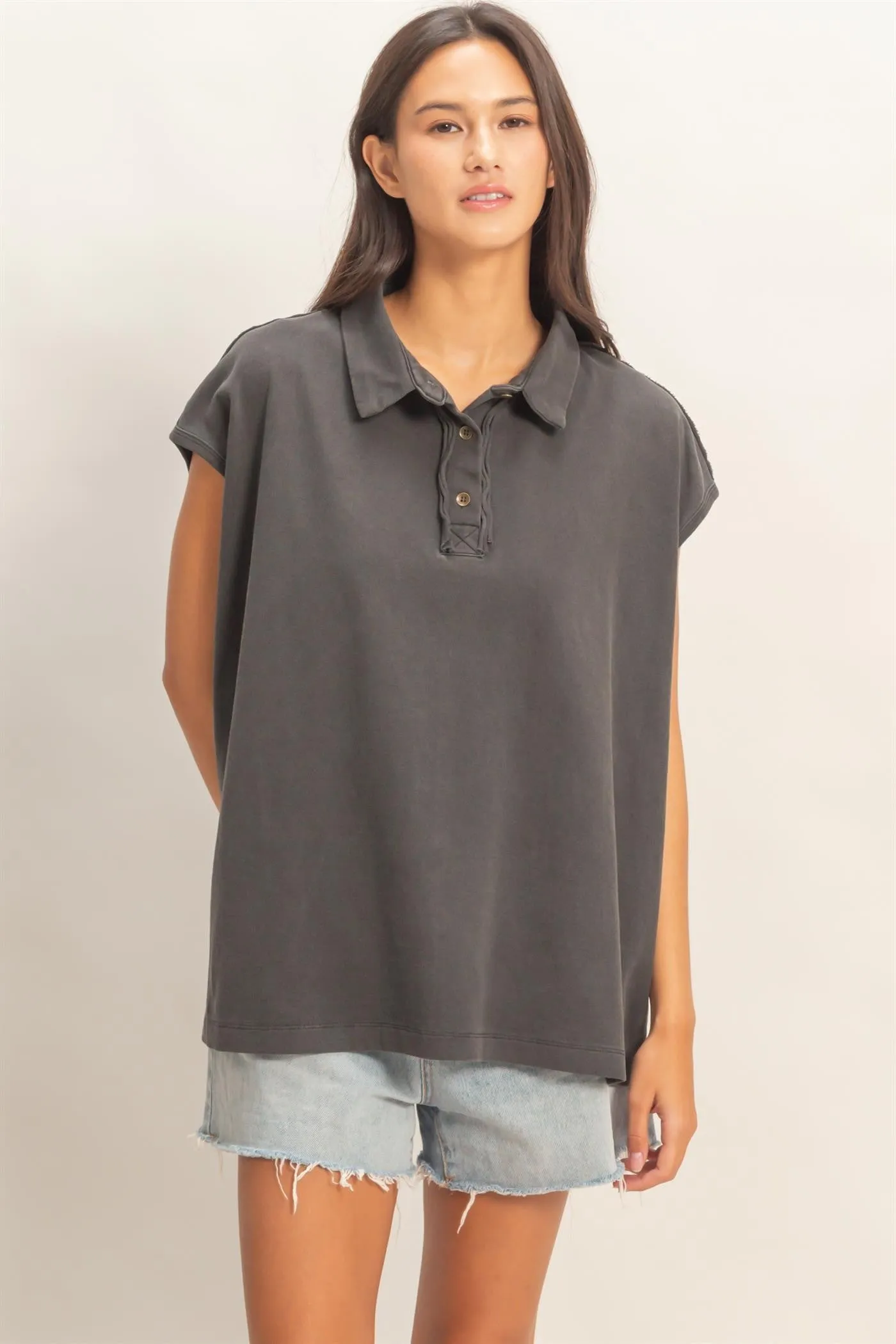 Black Pigment Dye Sleeveless Polo Oversized Maternity Top sold by Pinkblush product image thumbnail 4
