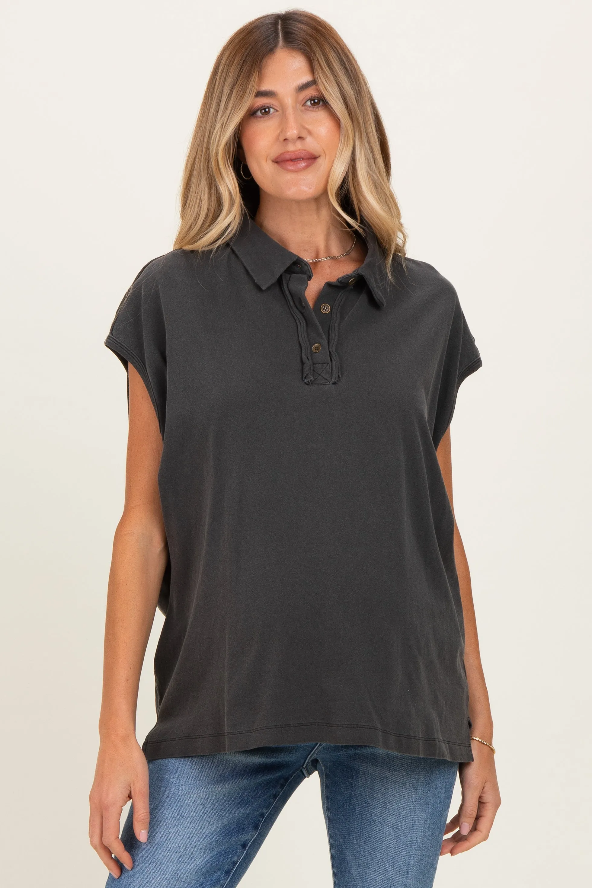 Black Pigment Dye Sleeveless Polo Oversized Maternity Top sold by Pinkblush product image thumbnail 2