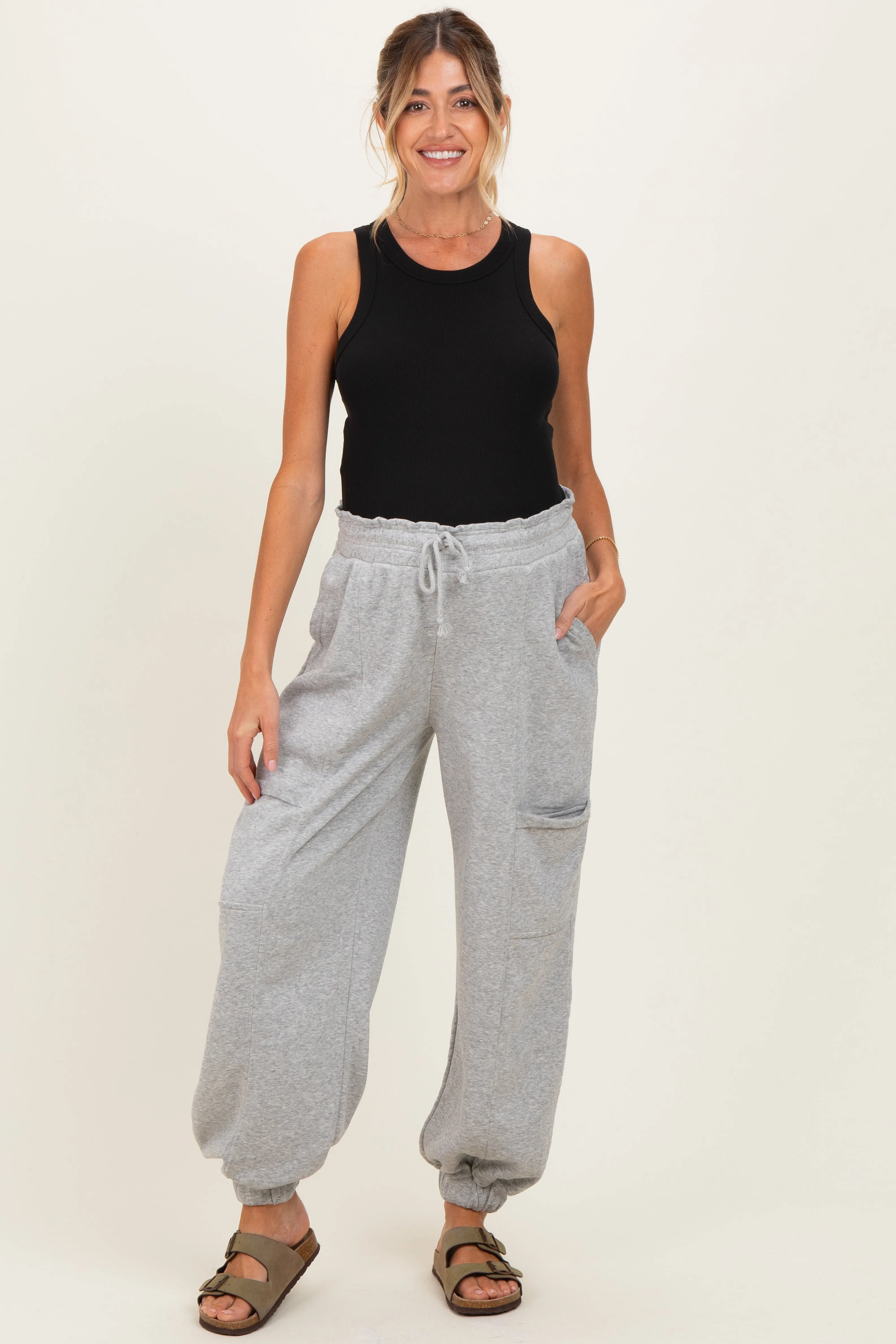 Heather Gray Ruffle Waist Burnout Maternity Jogger Pants sold by Pinkblush