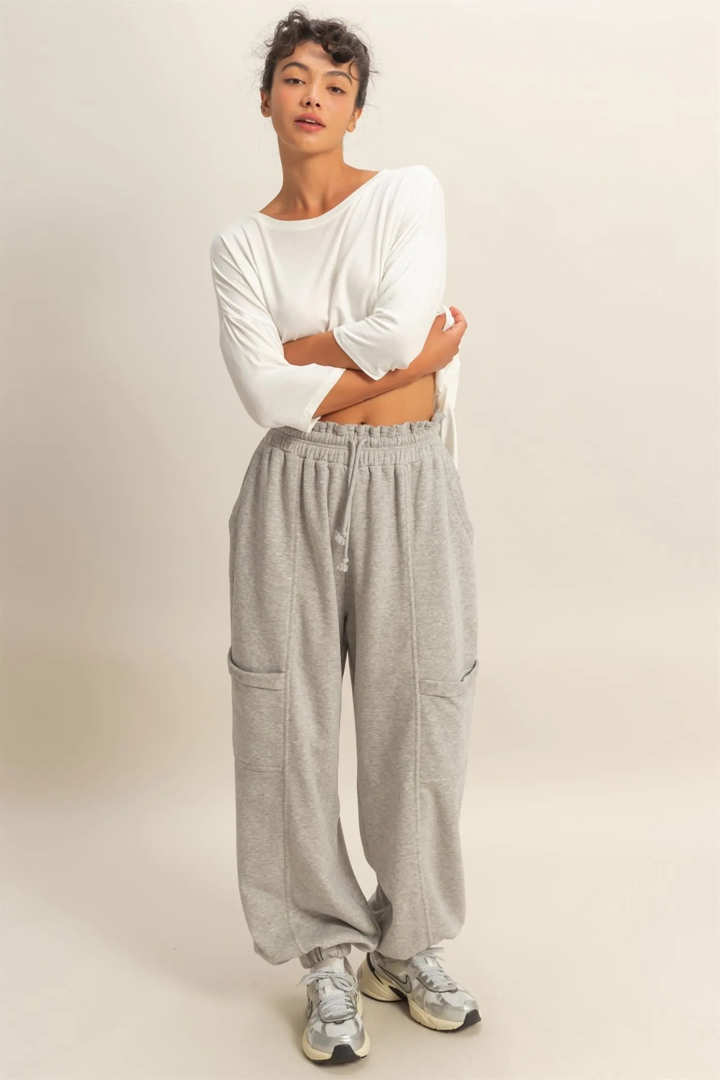 Heather Gray Ruffle Waist Burnout Maternity Jogger Pants sold by Pinkblush product image thumbnail 5