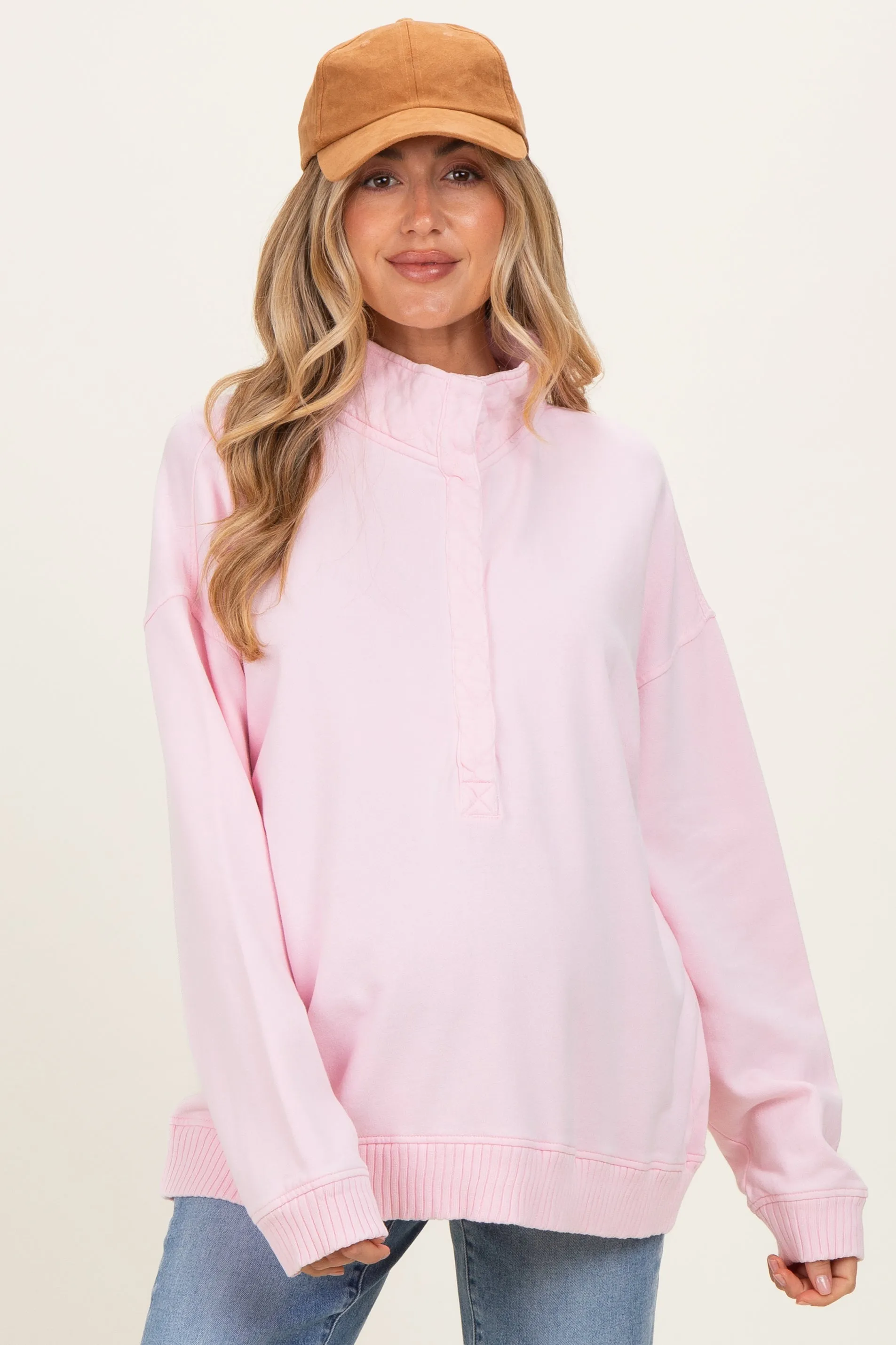 Light Pink Snap Collar Oversized Maternity Sweatshirt sold by Pinkblush