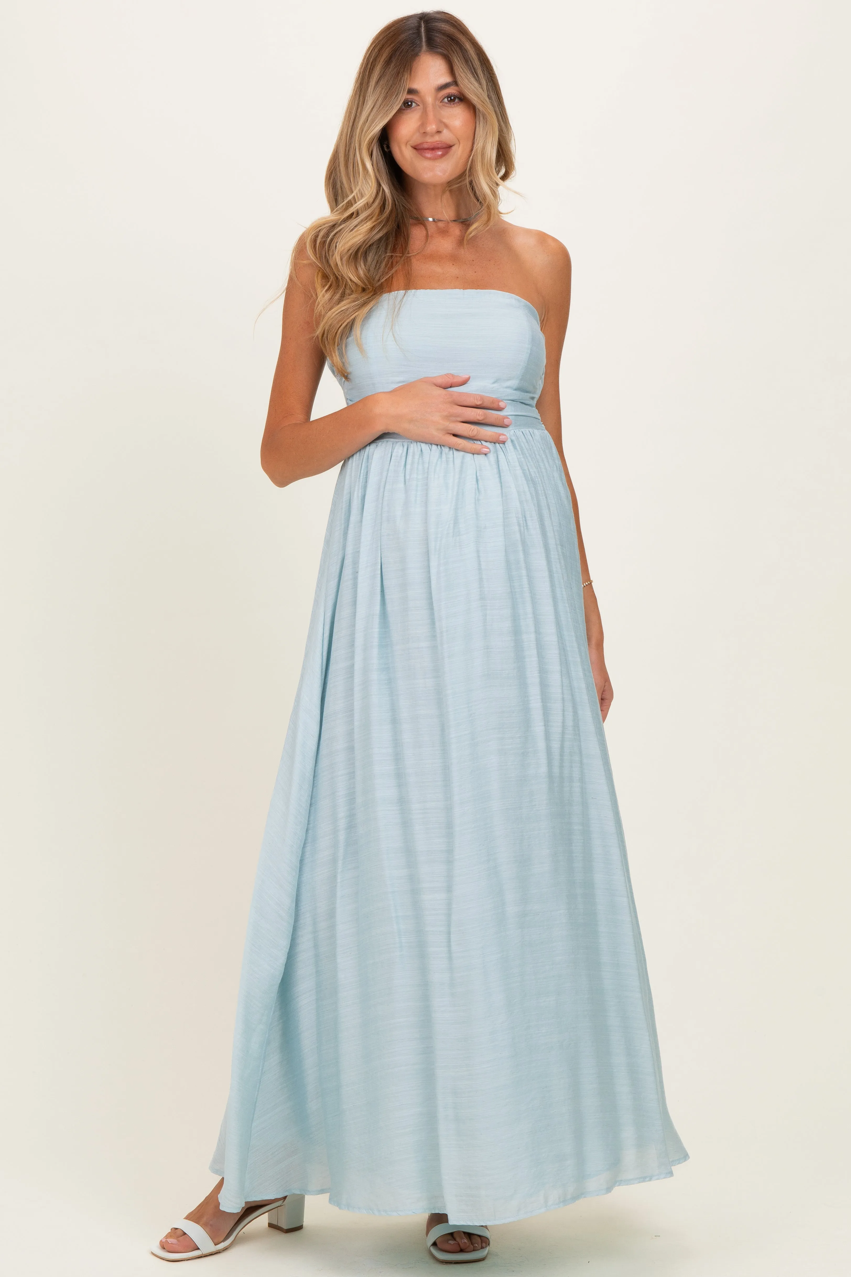 Light Blue Strapless Tie Back Maternity Maxi Dress sold by Pinkblush