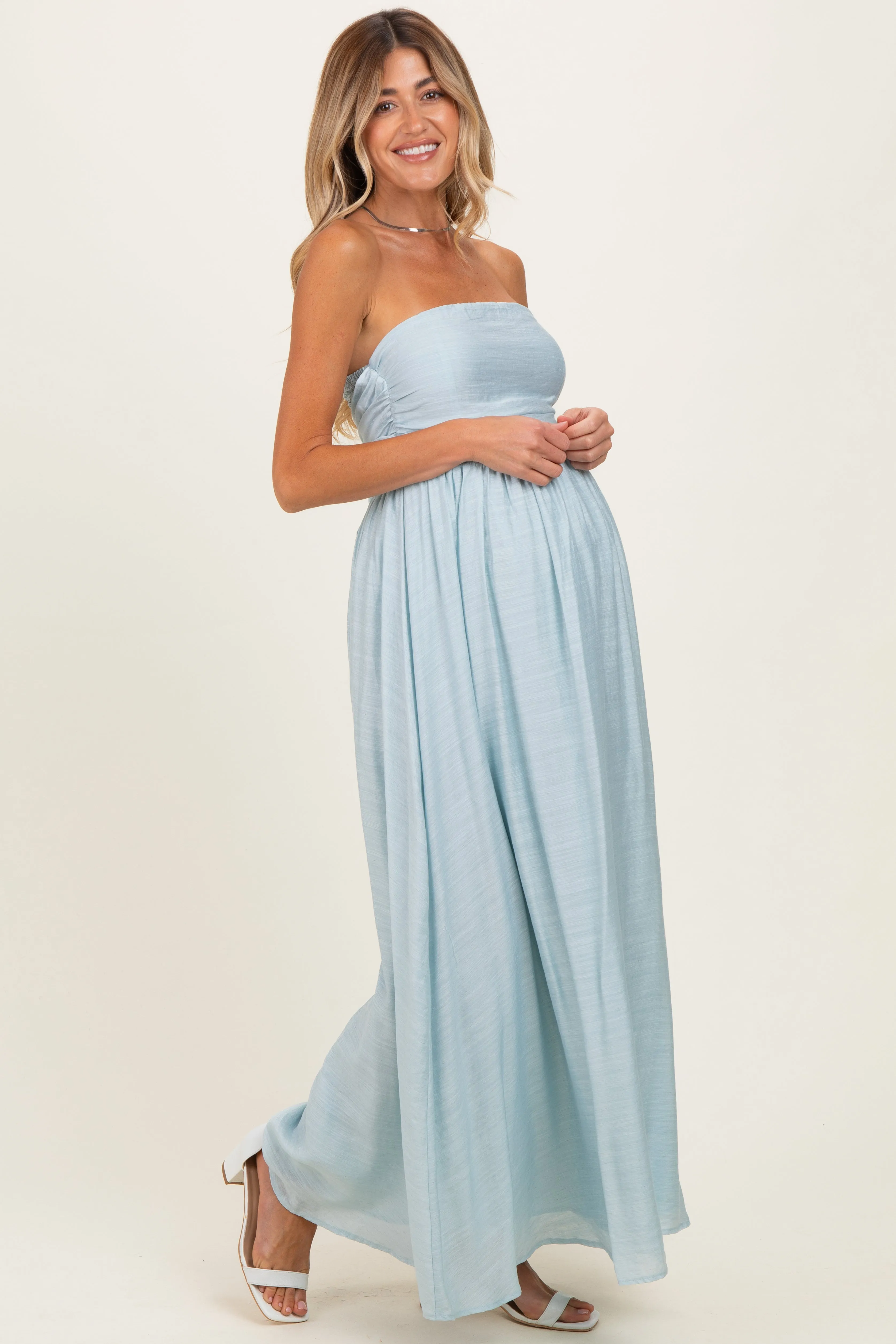 Light Blue Strapless Tie Back Maternity Maxi Dress sold by Pinkblush product image thumbnail 2