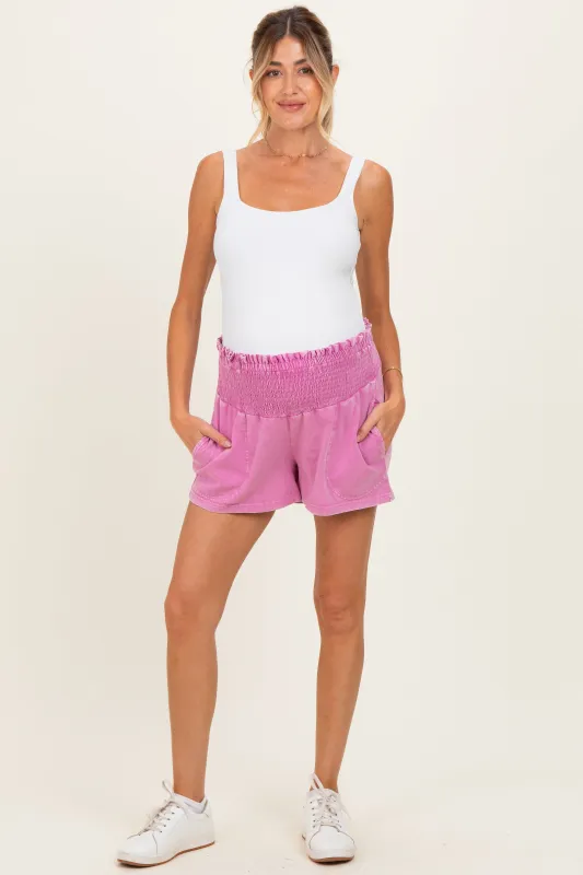 Fuchsia Smocked Waist Mineral Wash Maternity Shorts made by HYFVE