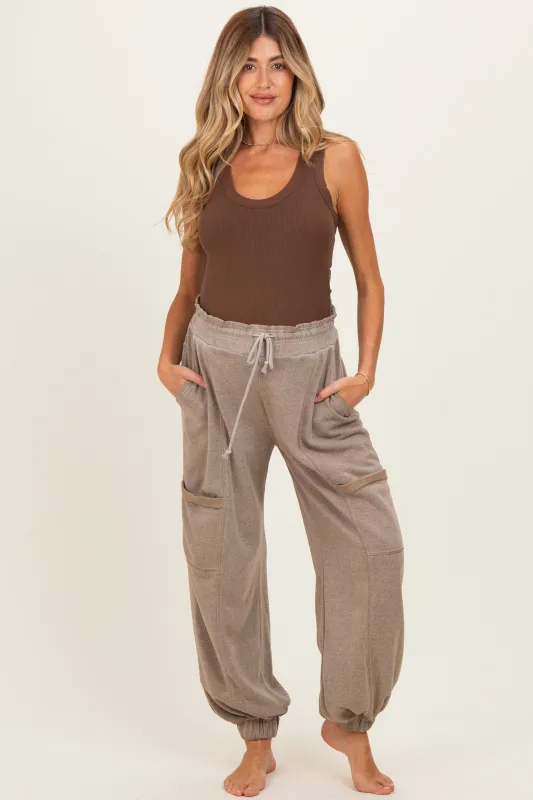 Mocha Ruffle Waist Burnout Maternity Jogger Pants made by HYFVE