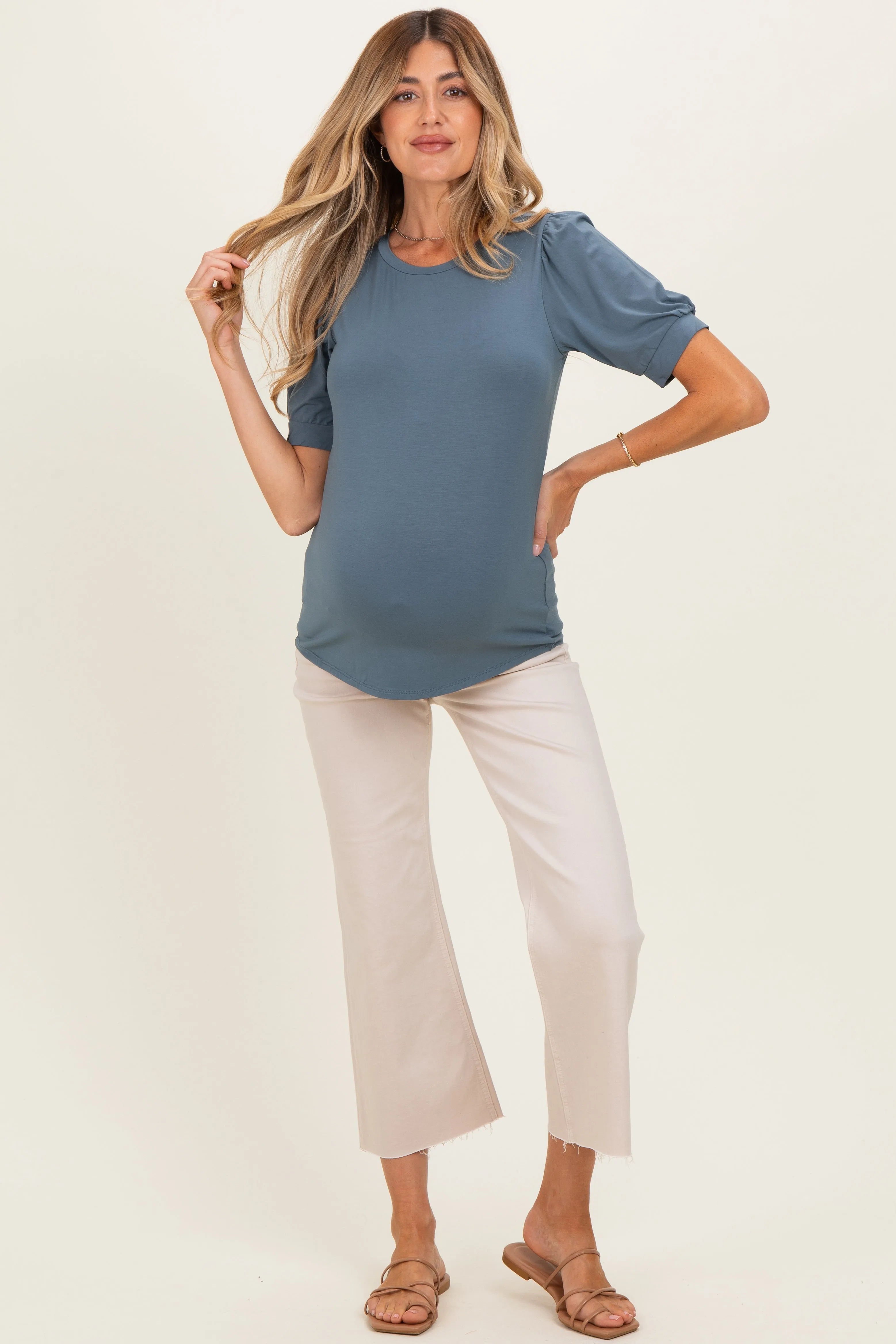 Blue Teal Puff Sleeve Basic Maternity Top sold by Pinkblush product image thumbnail 2