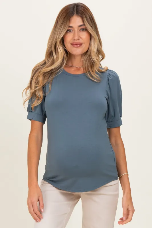 Blue Teal Puff Sleeve Basic Maternity Top made by BE COOL
