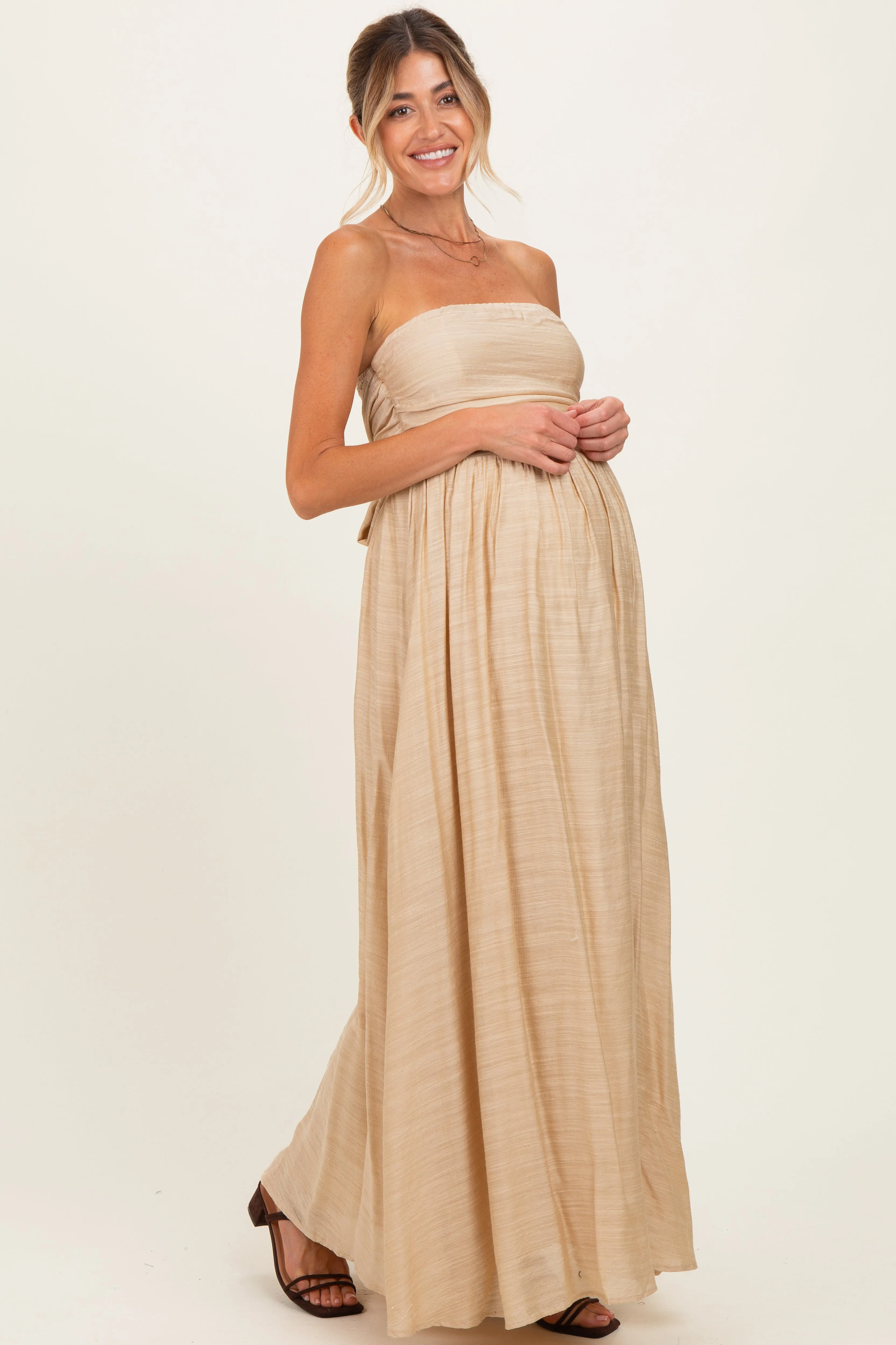 Beige Strapless Tie Back Maternity Maxi Dress sold by Pinkblush product image thumbnail 2
