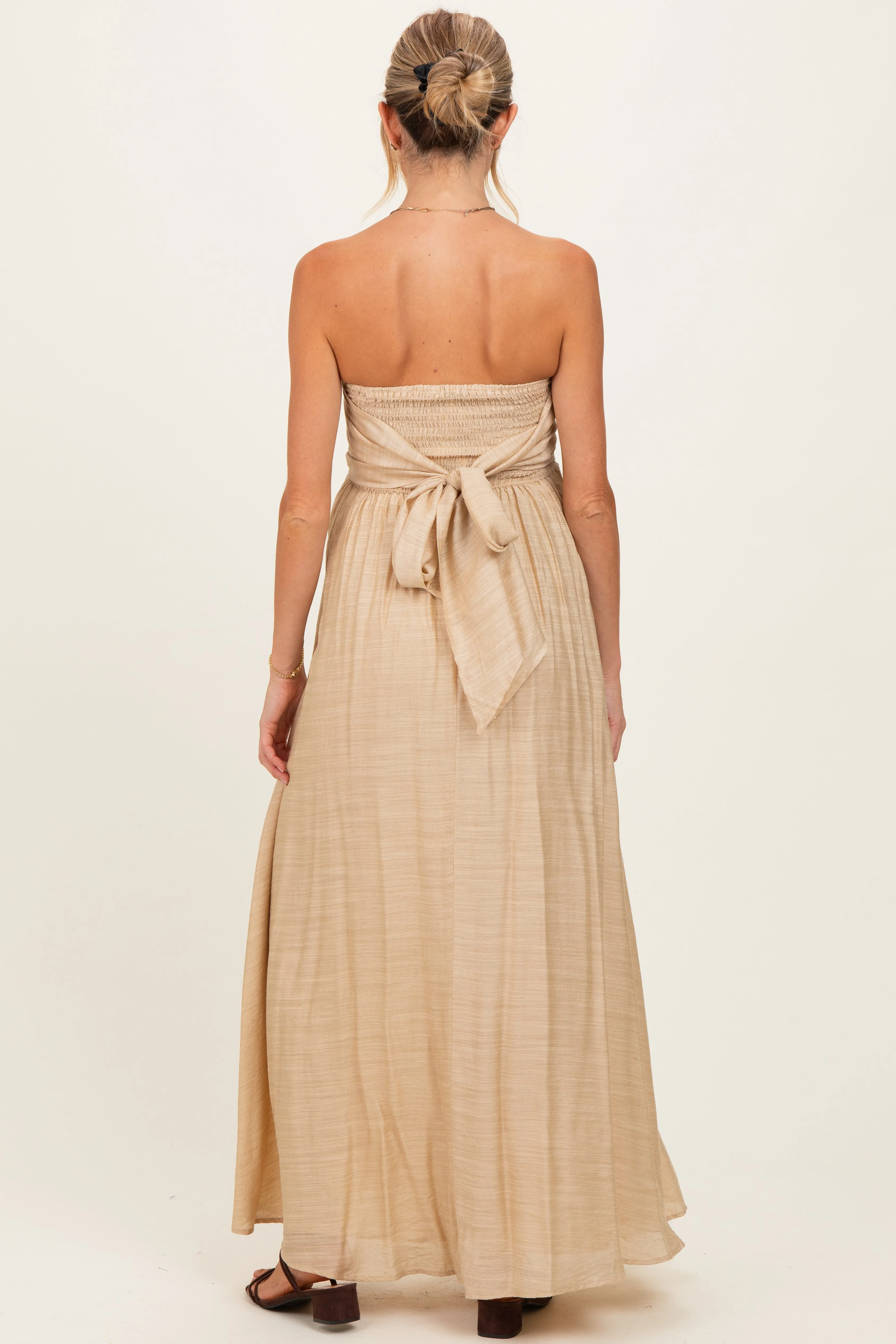 Beige Strapless Tie Back Maternity Maxi Dress sold by Pinkblush product image thumbnail 3
