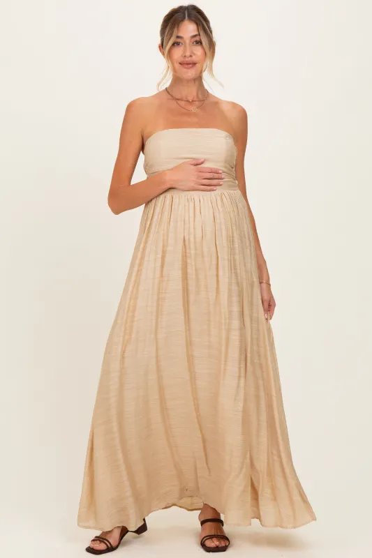 Beige Strapless Tie Back Maternity Maxi Dress made by HYFVE