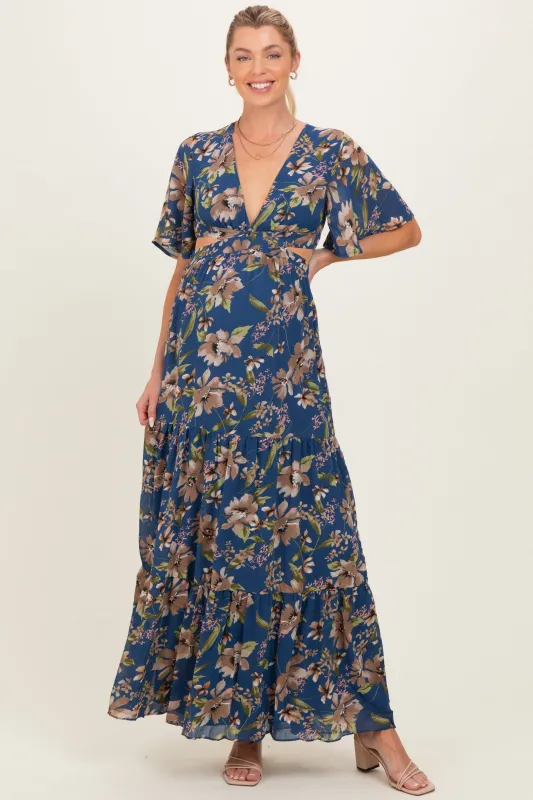 Navy Floral Deep V-Neck Cutout Maternity Maxi Dress made by Pinkblush