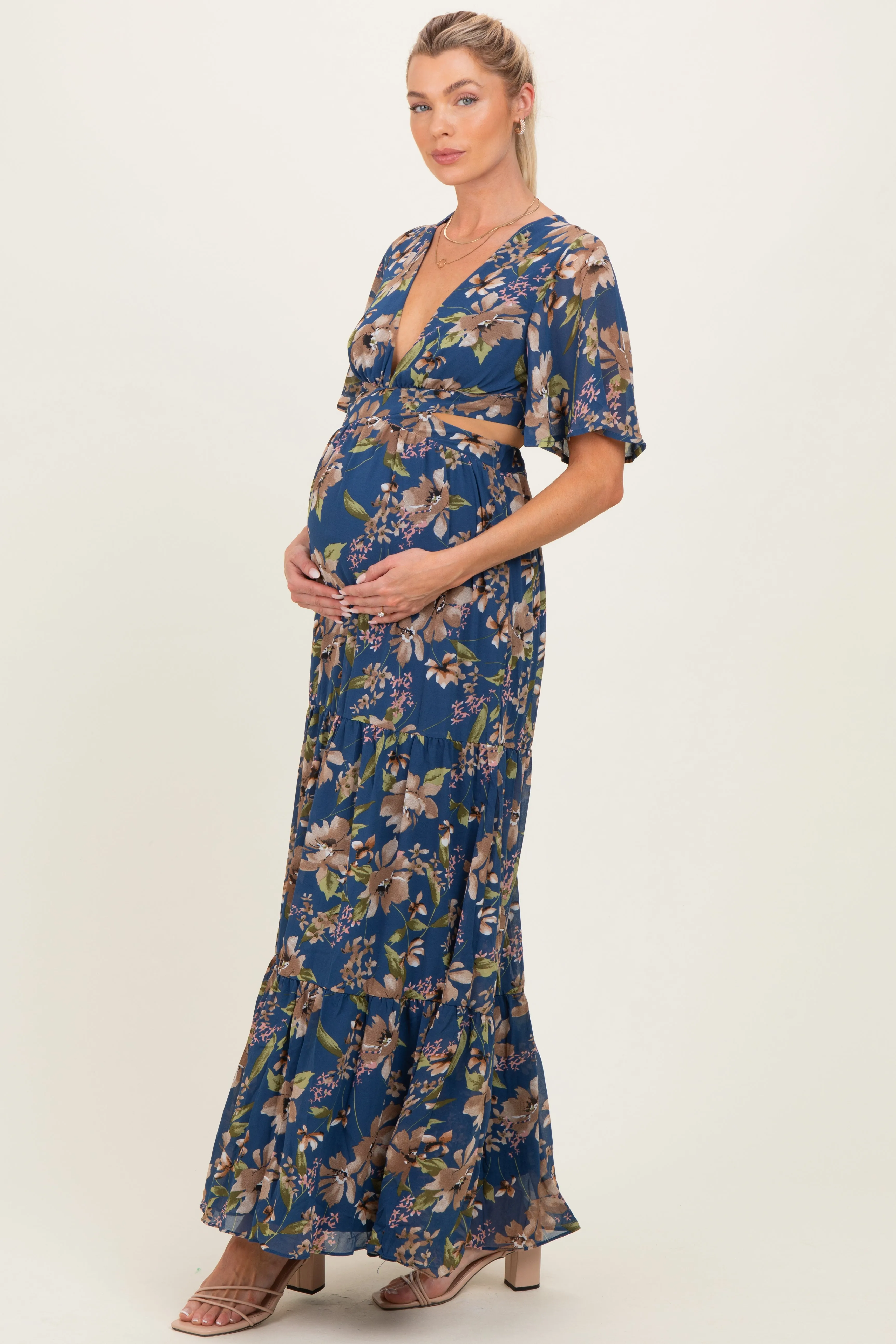 Navy Floral Deep V-Neck Cutout Maternity Maxi Dress sold by Pinkblush product image thumbnail 2