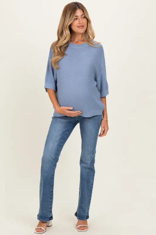 Blue Oversize Cut Sweater Maternity Top With Raw Edge made by BE COOL