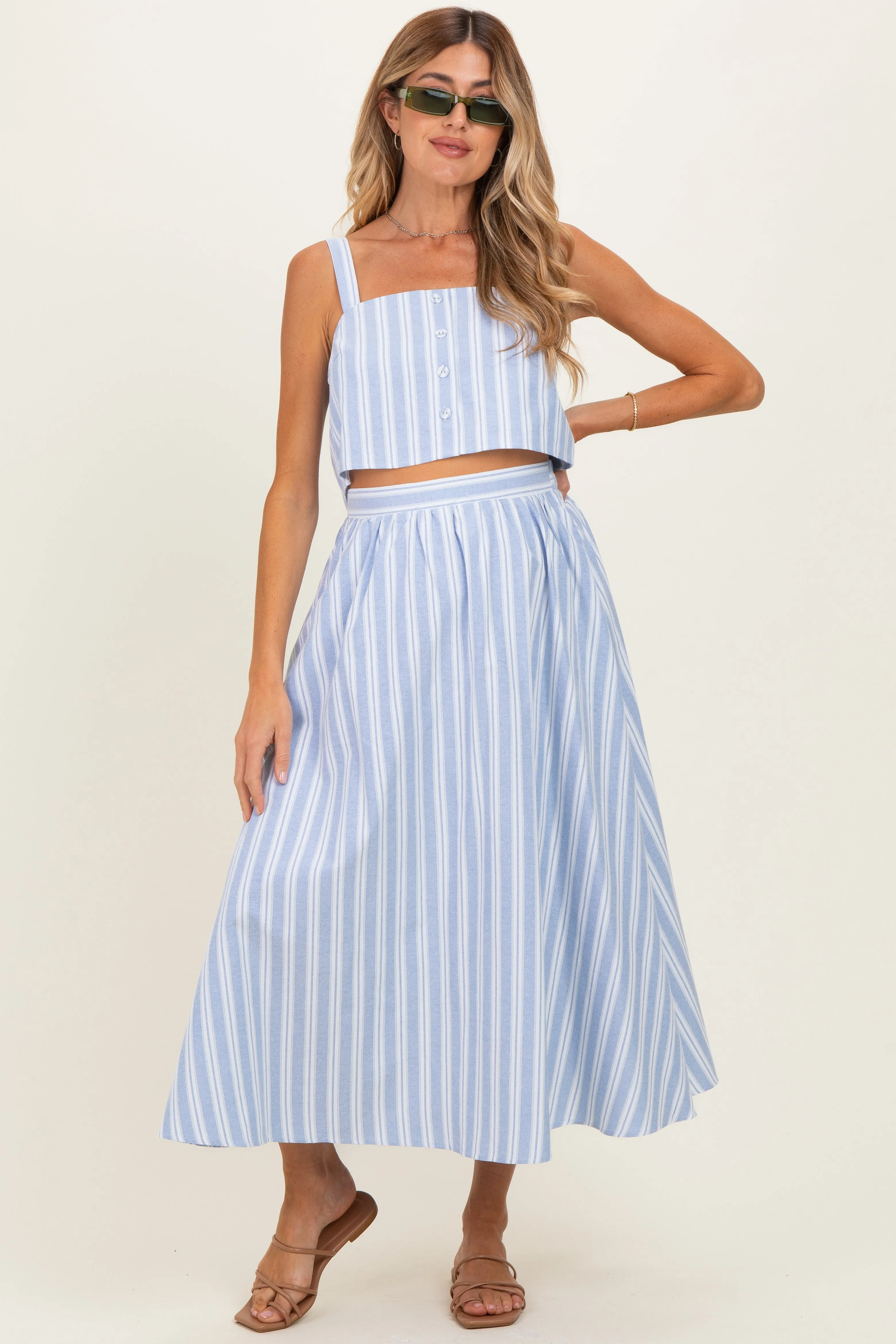 Blue Striped Crop Tank Midi Skirt Maternity Set sold by Pinkblush