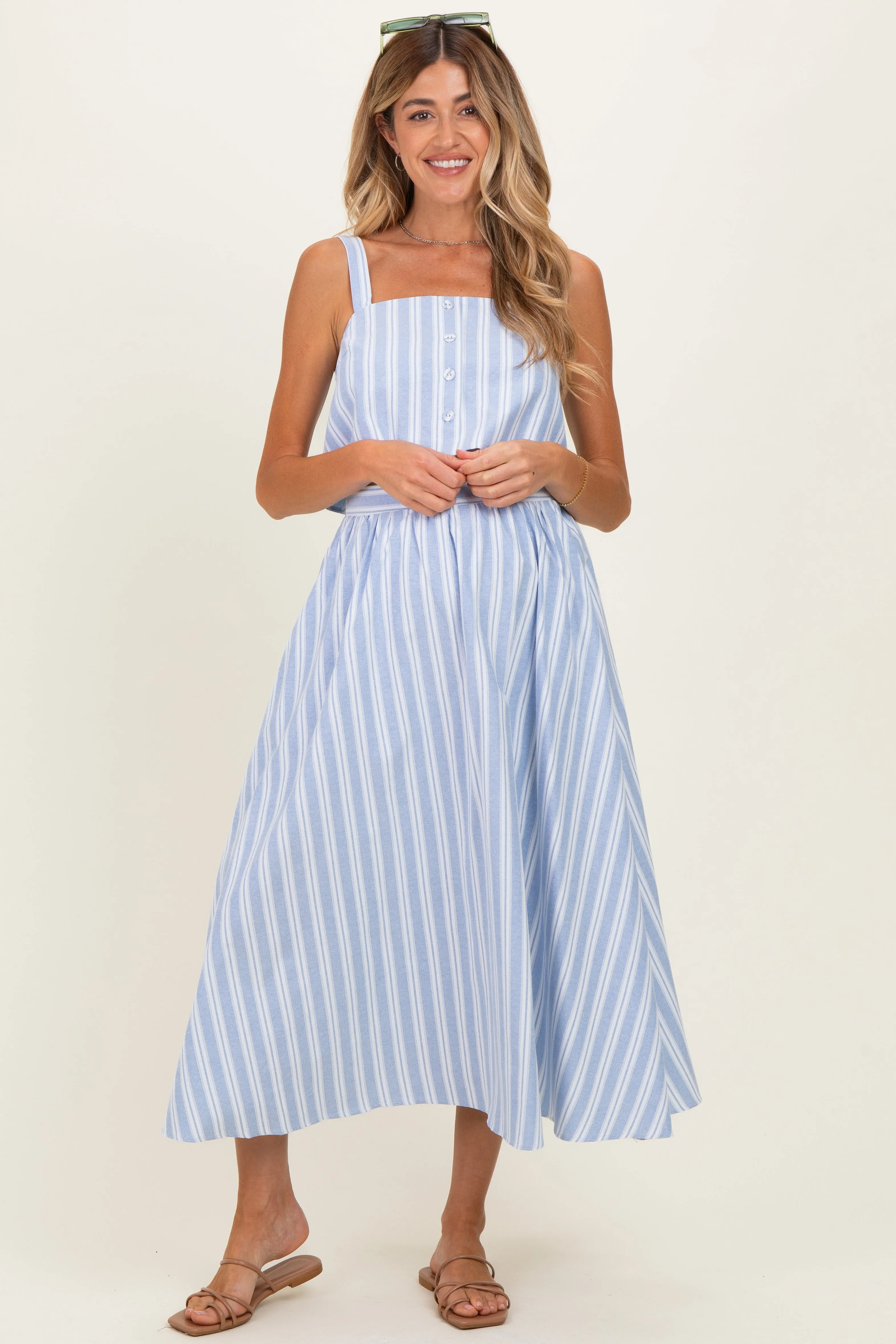 Blue Striped Crop Tank Midi Skirt Maternity Set sold by Pinkblush product image thumbnail 2