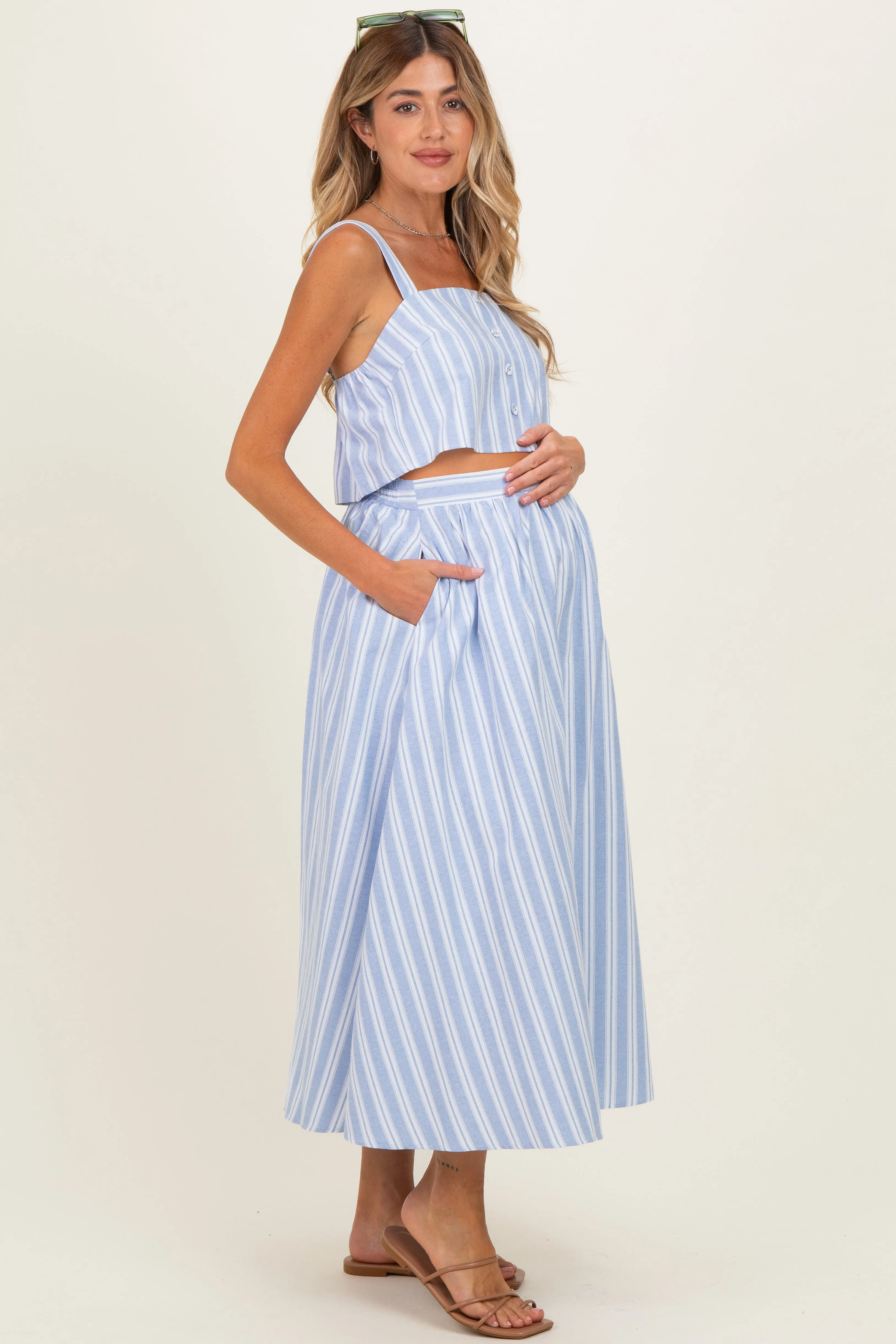 Blue Striped Crop Tank Midi Skirt Maternity Set sold by Pinkblush product image thumbnail 3