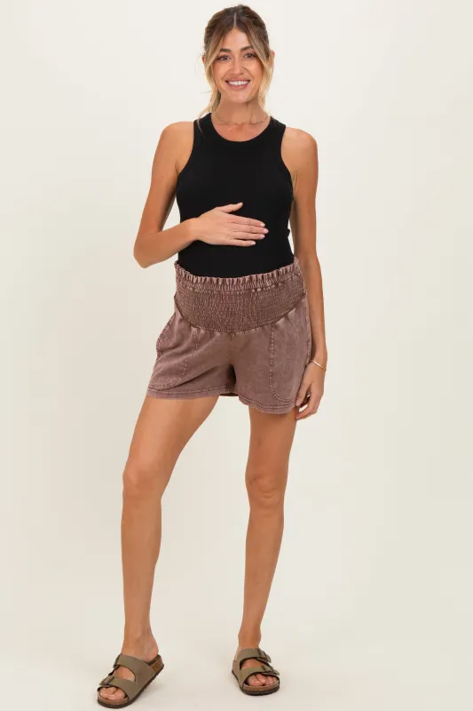 Chocolate Smocked Waist Mineral Wash Maternity Shorts made by HYFVE