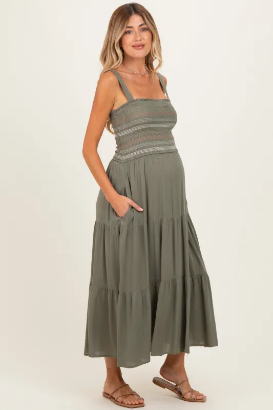 Olive Embroidered Smocked Maternity Midi Dress made by BE COOL