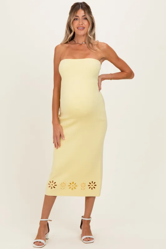 Yellow Strapless Laser Cut Lace Floral Detail Maternity Dress made by Flying Tomato