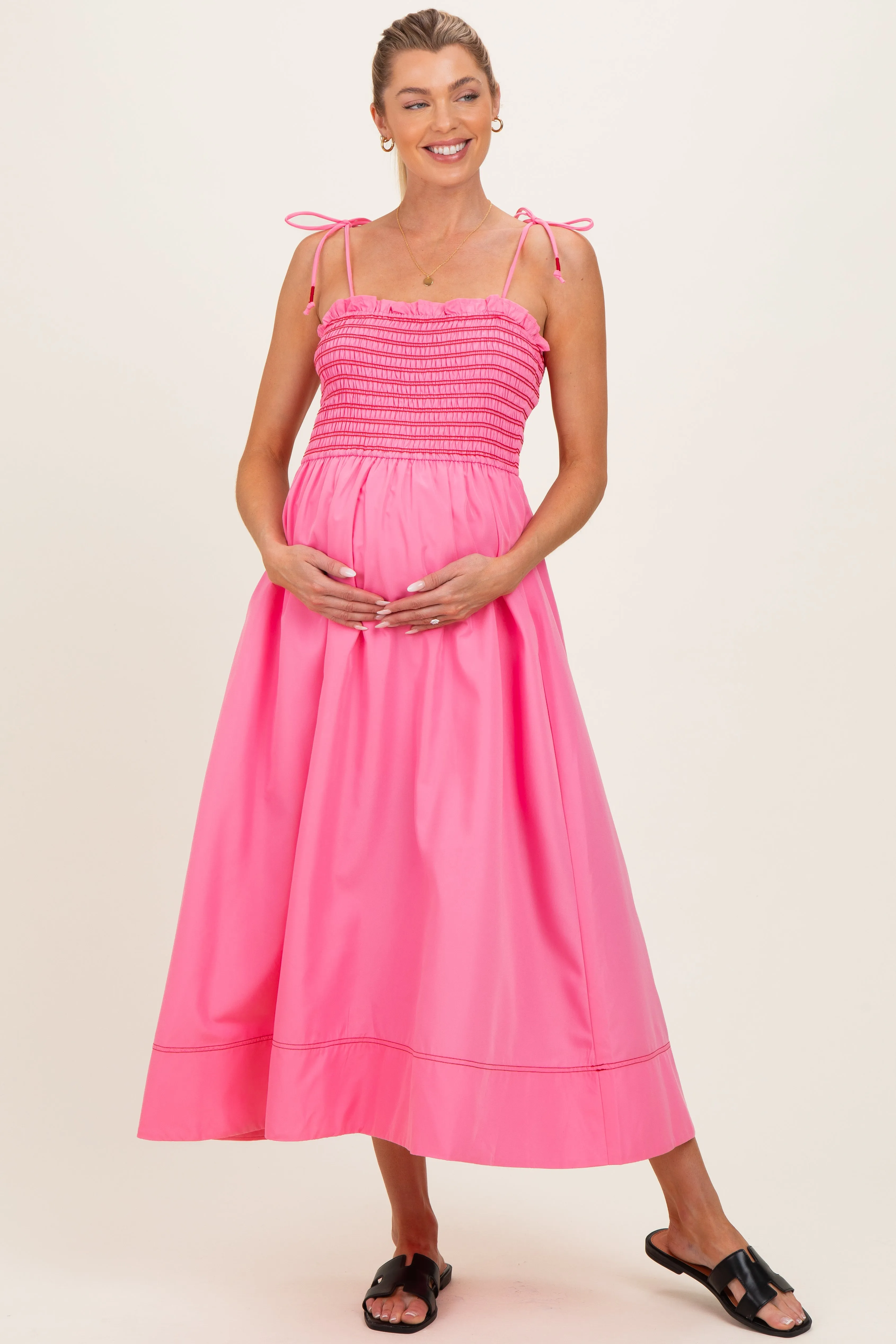 Pink Smocked Shoulder Tie Maternity Midi Dress sold by Pinkblush product image thumbnail 2