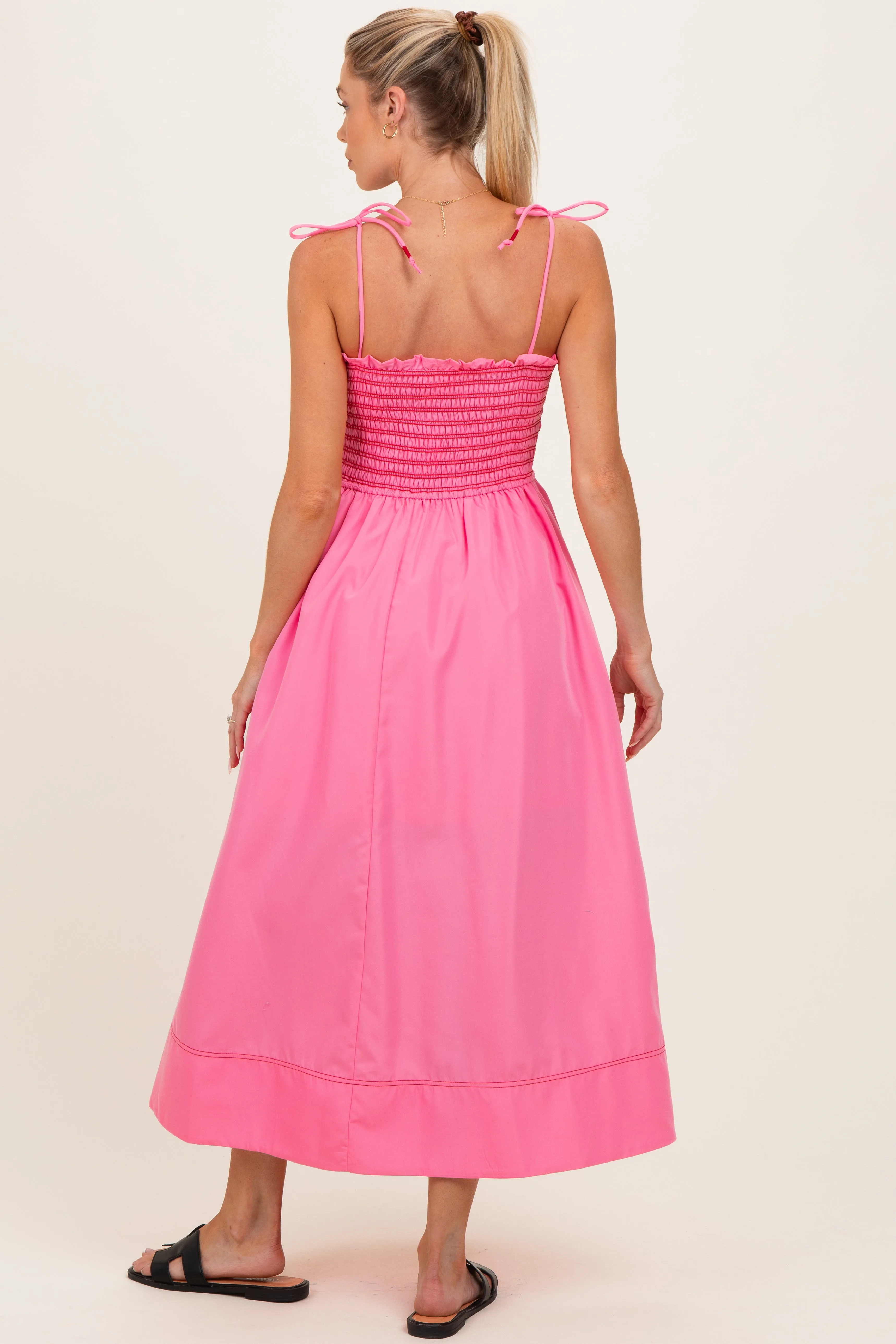 Pink Smocked Shoulder Tie Maternity Midi Dress sold by Pinkblush product image thumbnail 3