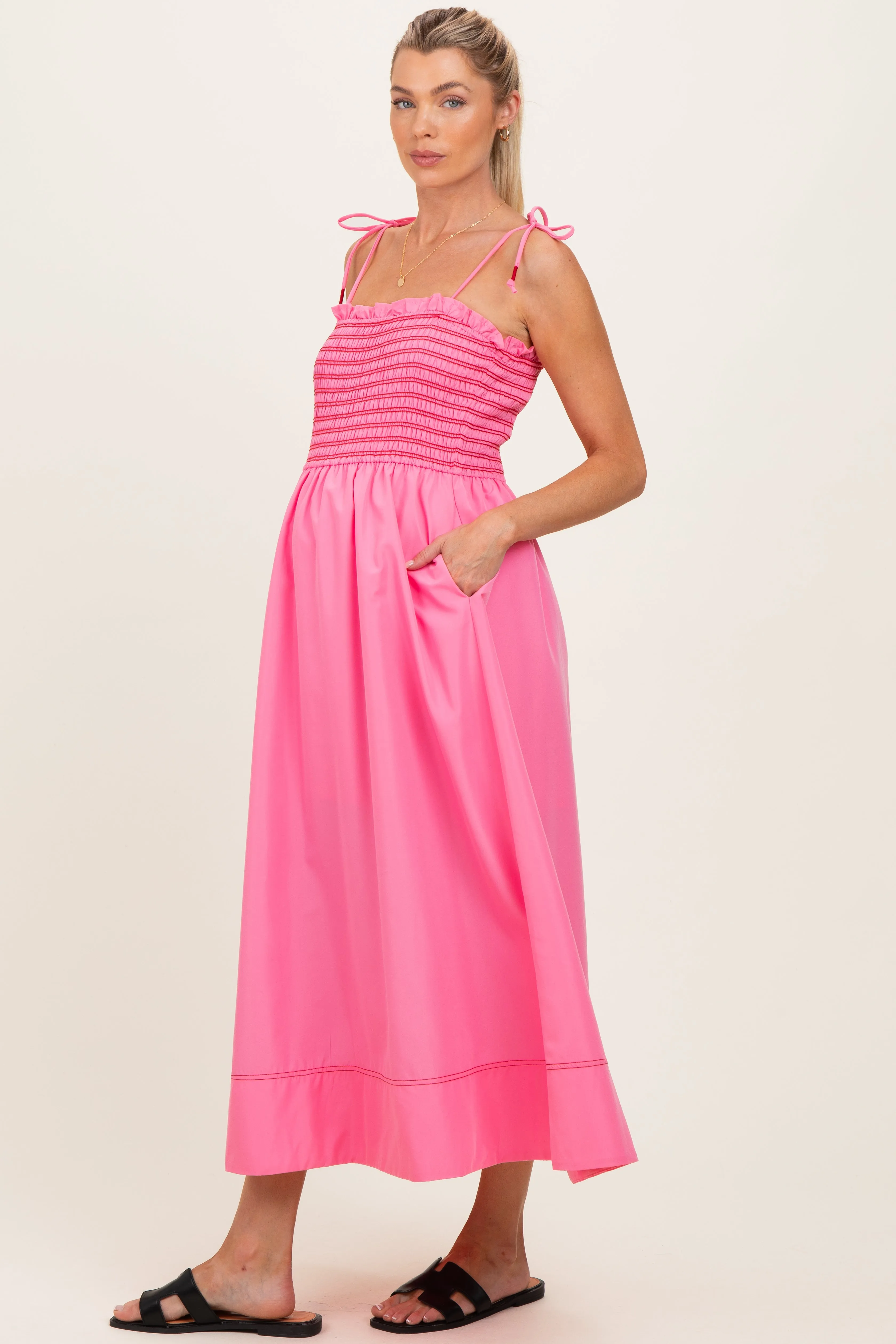 Pink Smocked Shoulder Tie Maternity Midi Dress sold by Pinkblush