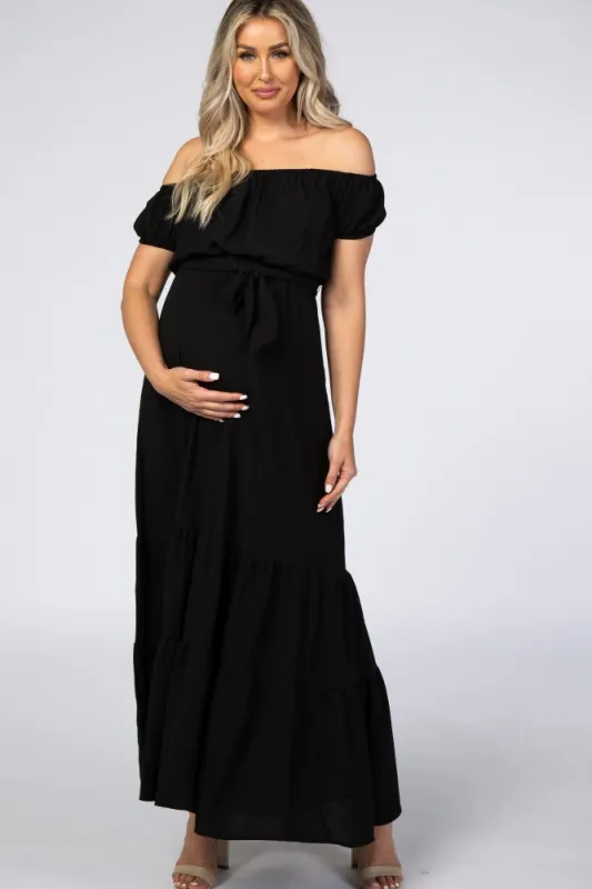Black Off Shoulder Ruffle Hem Maternity Maxi Dress made by Pinkblush