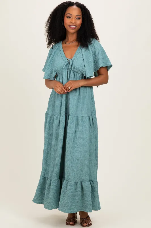 Sage Textured Flutter Sleeve V-Neck Tiered Maxi Dress made by Pinkblush