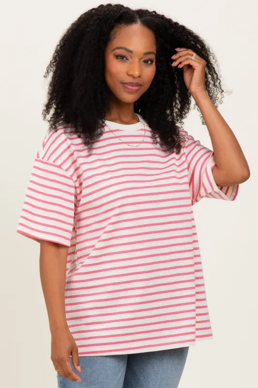 Pink Striped Short Sleeve Crew Neck Oversized Cotton Top made by HYFVE