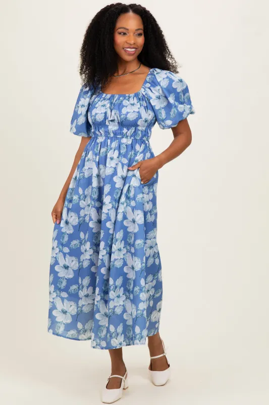 Blue Multi Printed Floral Square Neck Midi Dress made by Polagram