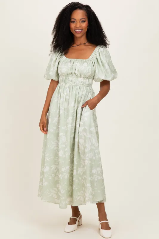 Sage Puff Sleeve Smocked Waist Midi Dress made by Polagram