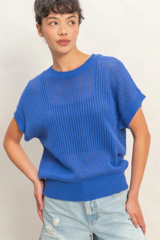 Blue Open-Knit Dolman Sleeve Top made by HYFVE