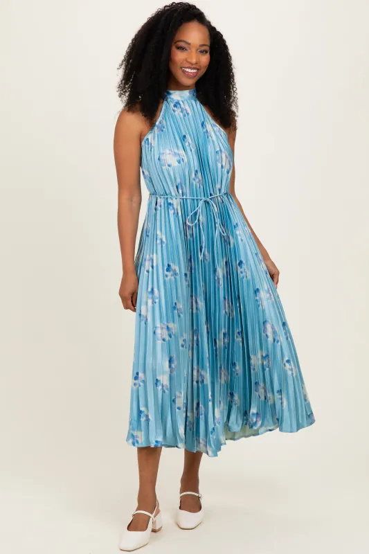 Light Blue Floral Pleated Halter Midi Dress made by Pinkblush