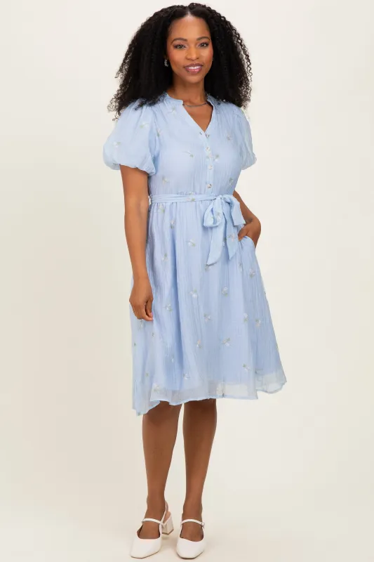 Blue Floral Embroidered Tie Waist Dress made by Polagram
