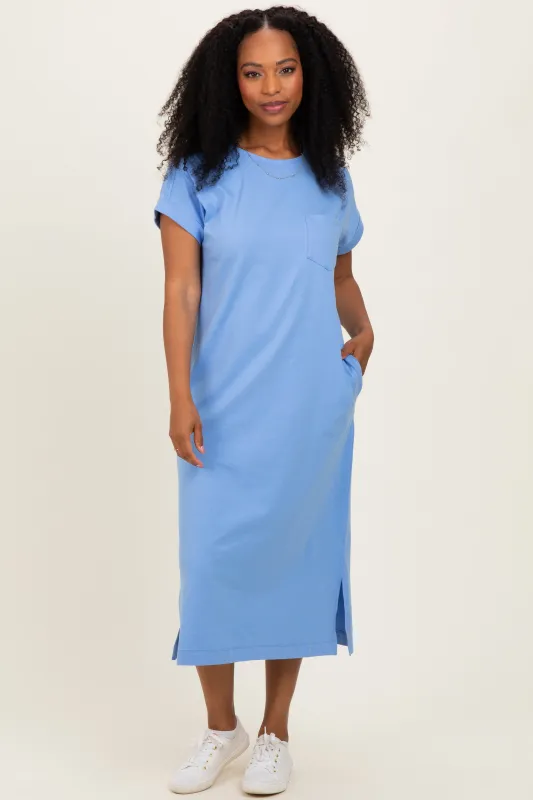 Cornflower Blue Pocket Front Midi T-Shirt Dress made by Zenana Outfitters