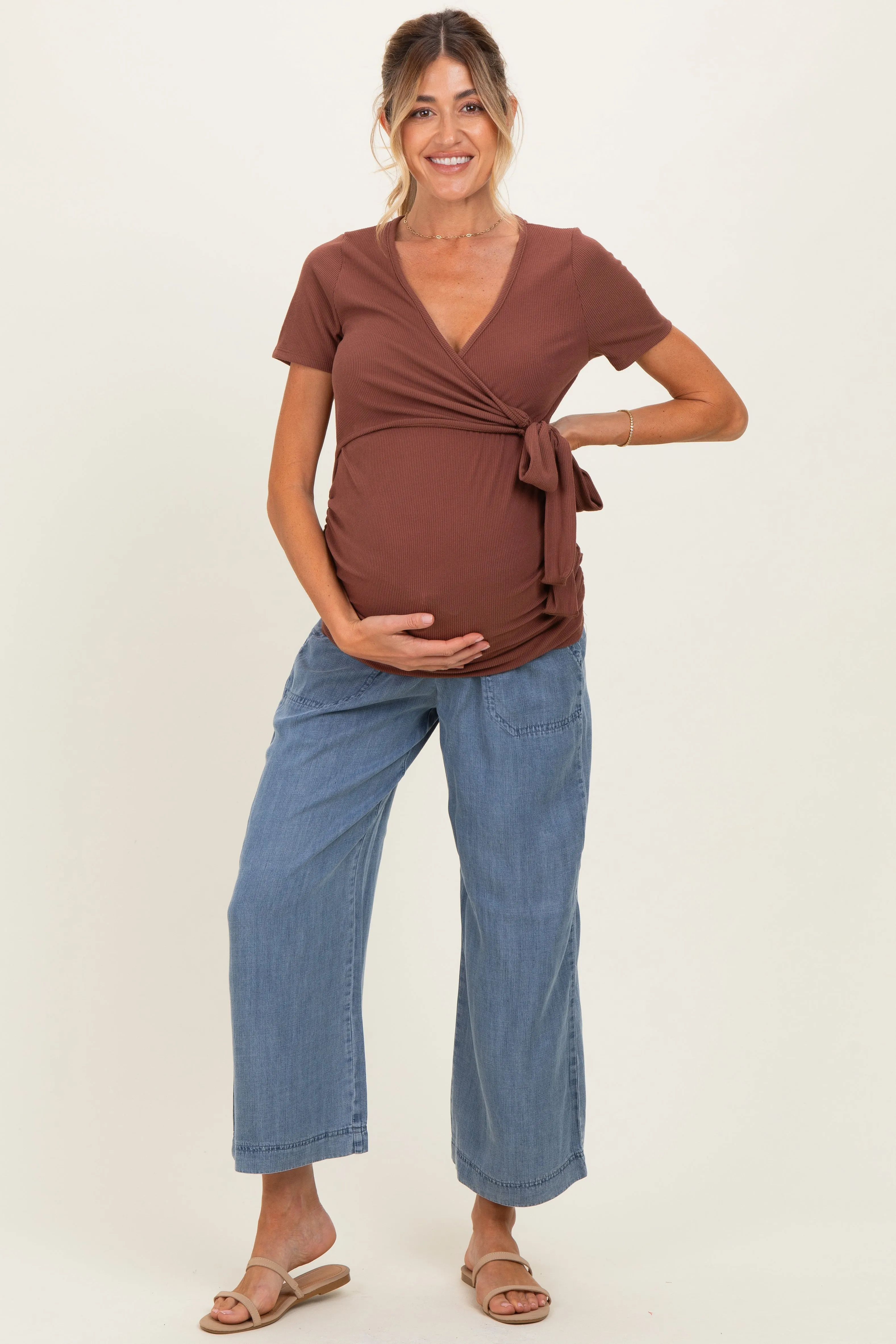 Brown Wrap Front Tie Maternity/Nursing Top sold by Pinkblush product image thumbnail 3